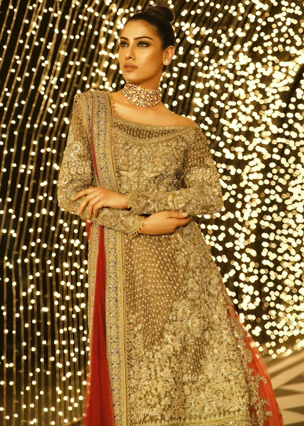 Pakistani bridal embroidered lehnga in gold and maroon color # B3369