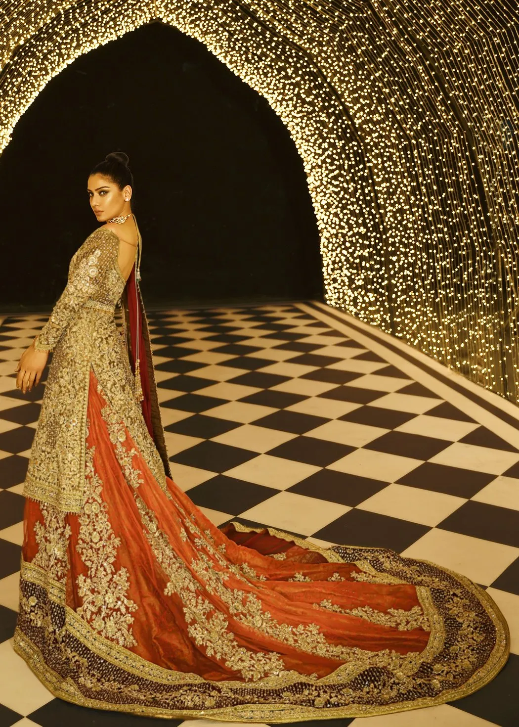 Pakistani bridal embroidered lehnga in gold and maroon color # B3369