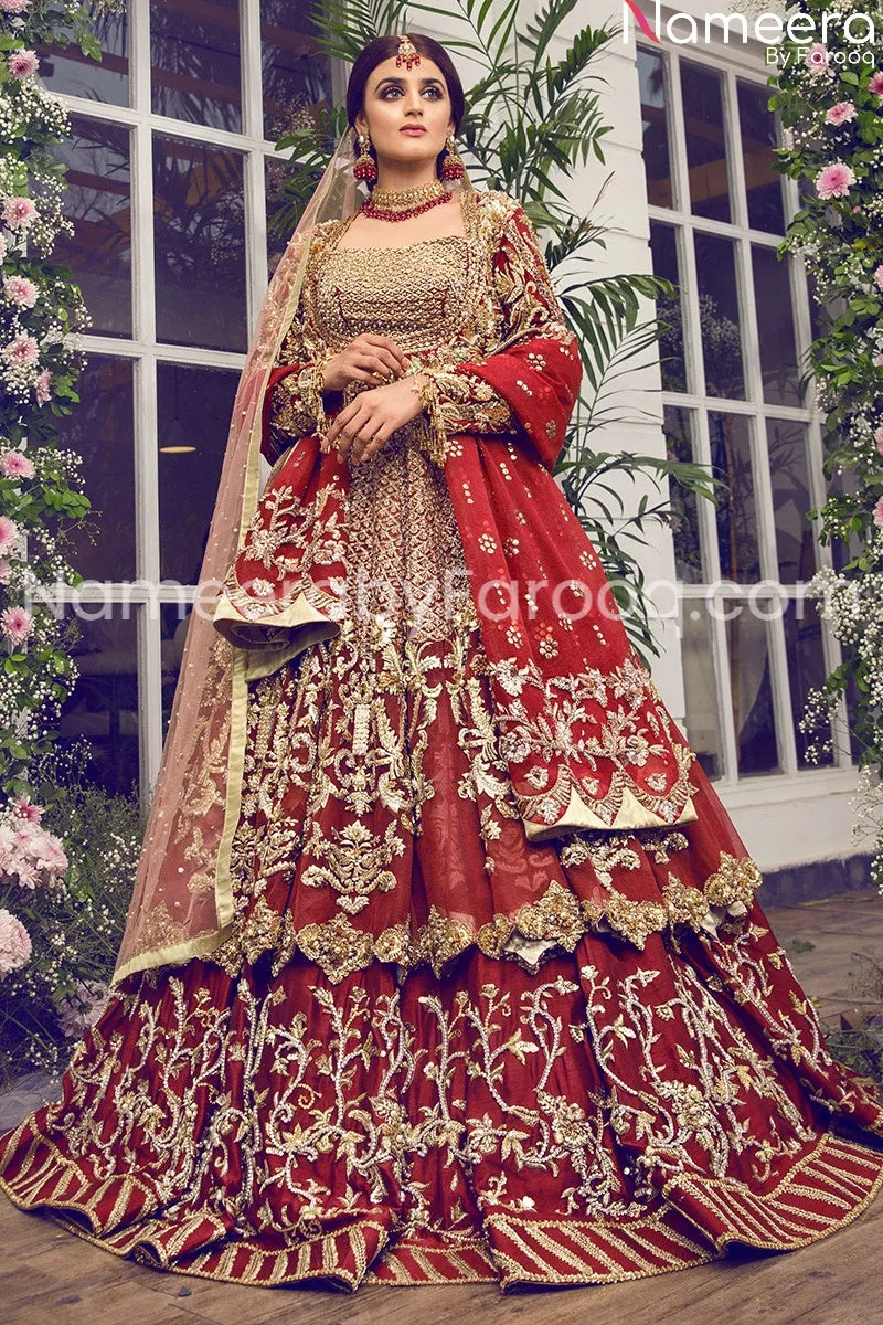 Pakistani Bridal Red Embroidered Lehenga Dress #BN169