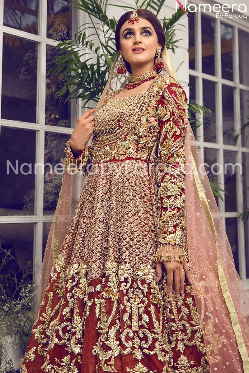 Pakistani Bridal Red Embroidered Lehenga Dress #BN169