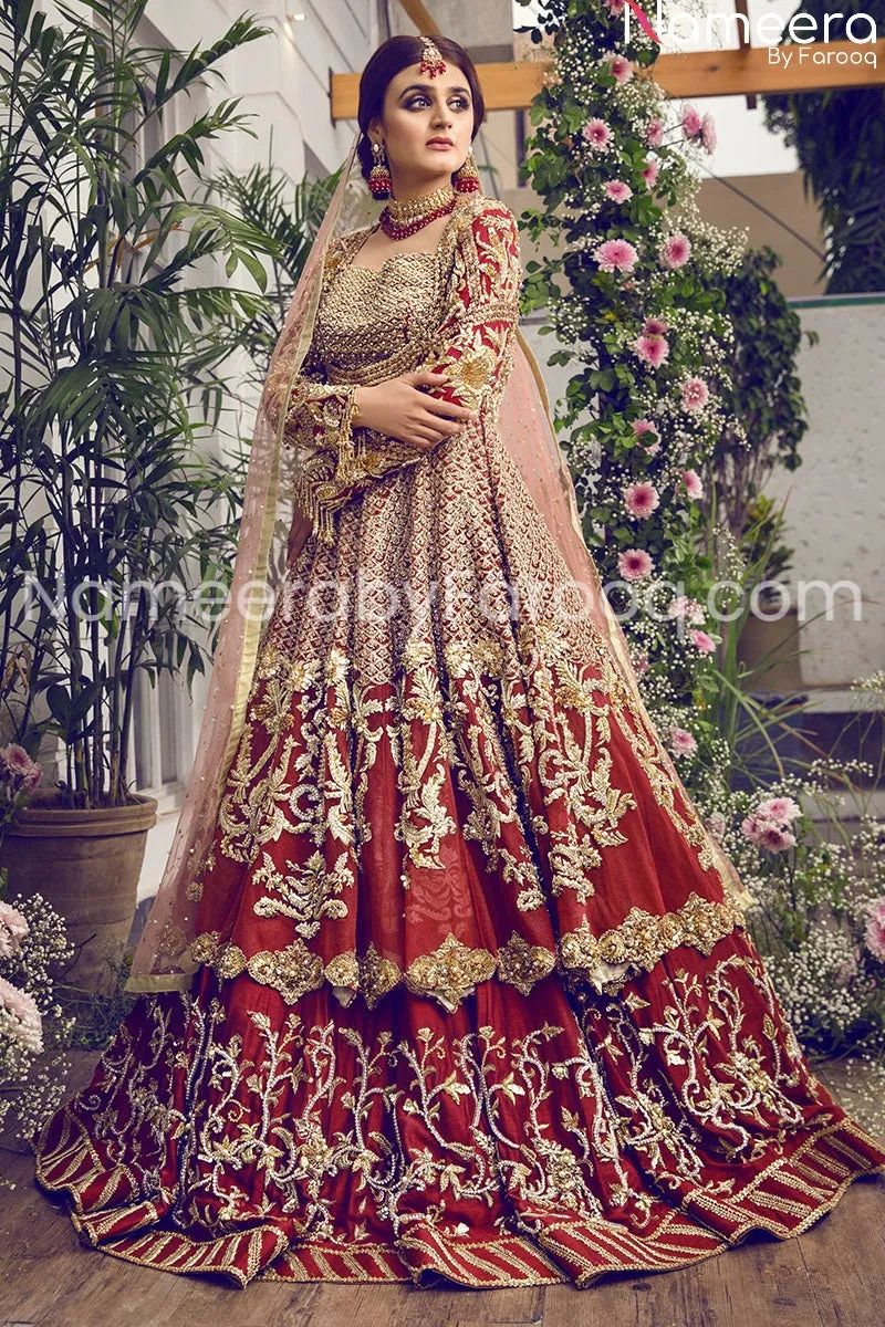 Pakistani Bridal Red Embroidered Lehenga Dress #BN169