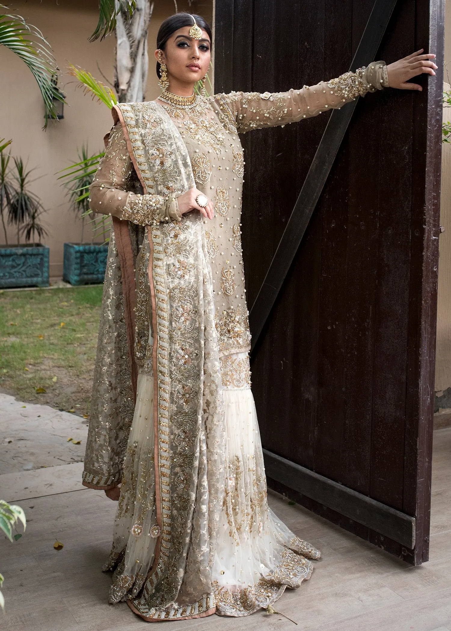 Pakistani designer embroidered white gharara dress # B3359