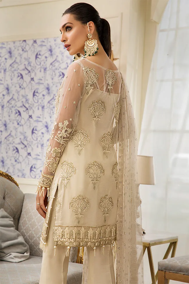 Pakistani designer net embroidered dress in skin color # P2327