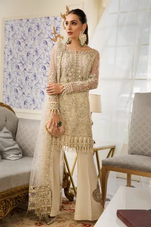 Pakistani designer net embroidered dress in skin color # P2327