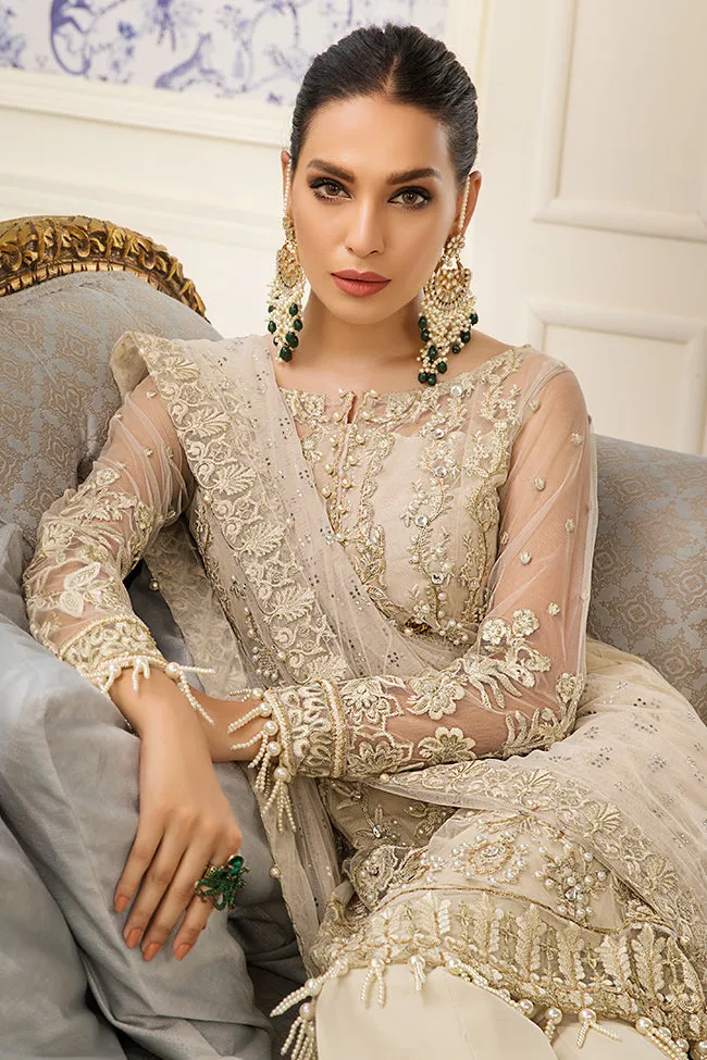 Pakistani designer net embroidered dress in skin color # P2327