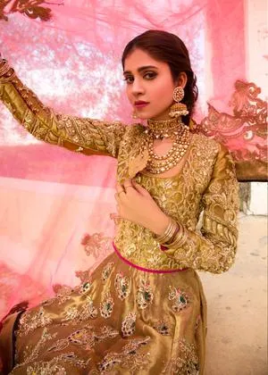 Pakistani embroidered frock dress for bridal wear in dull gold color # B3389