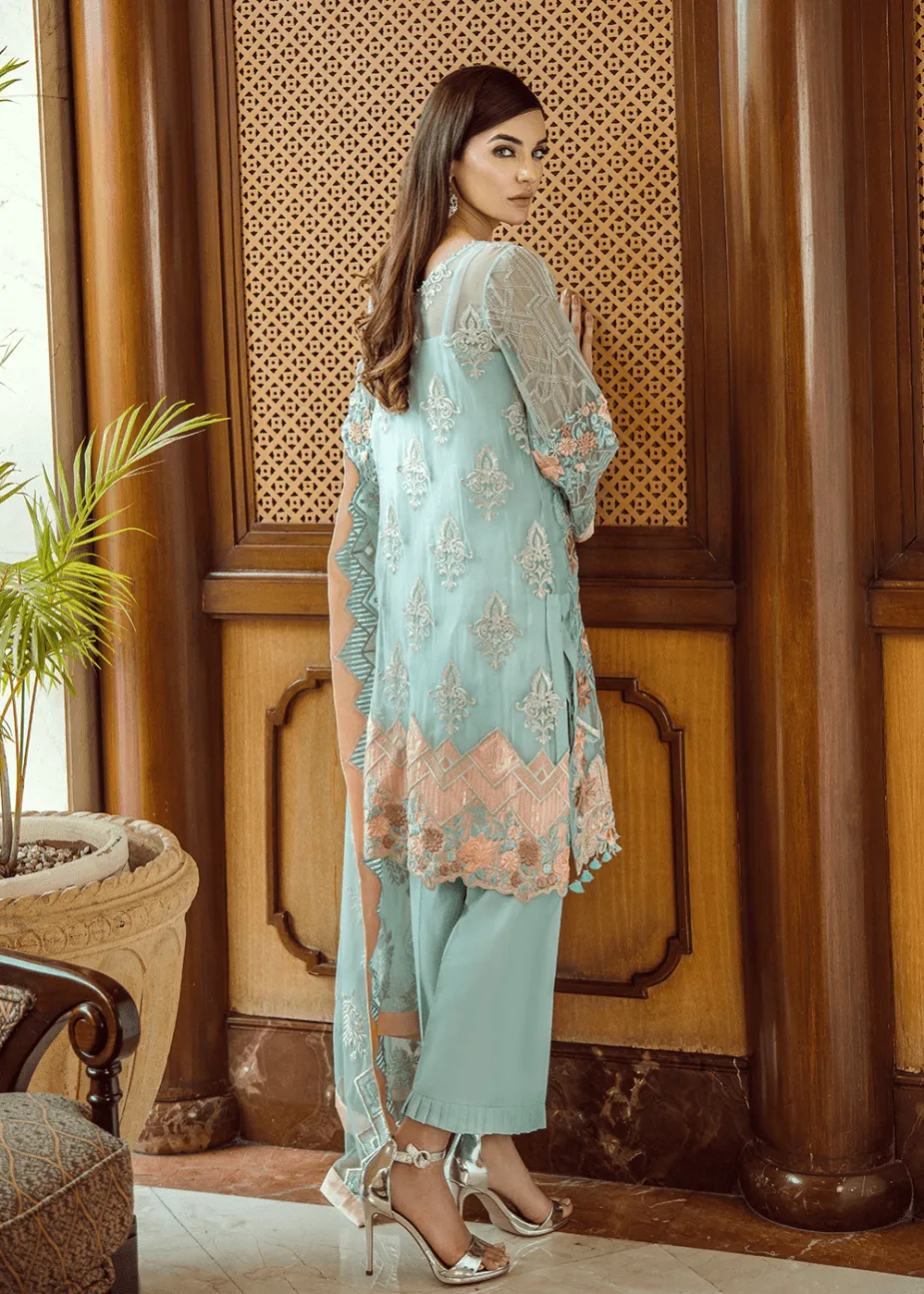 Pakistani thread embroidered dress in aqua blue color # P2298