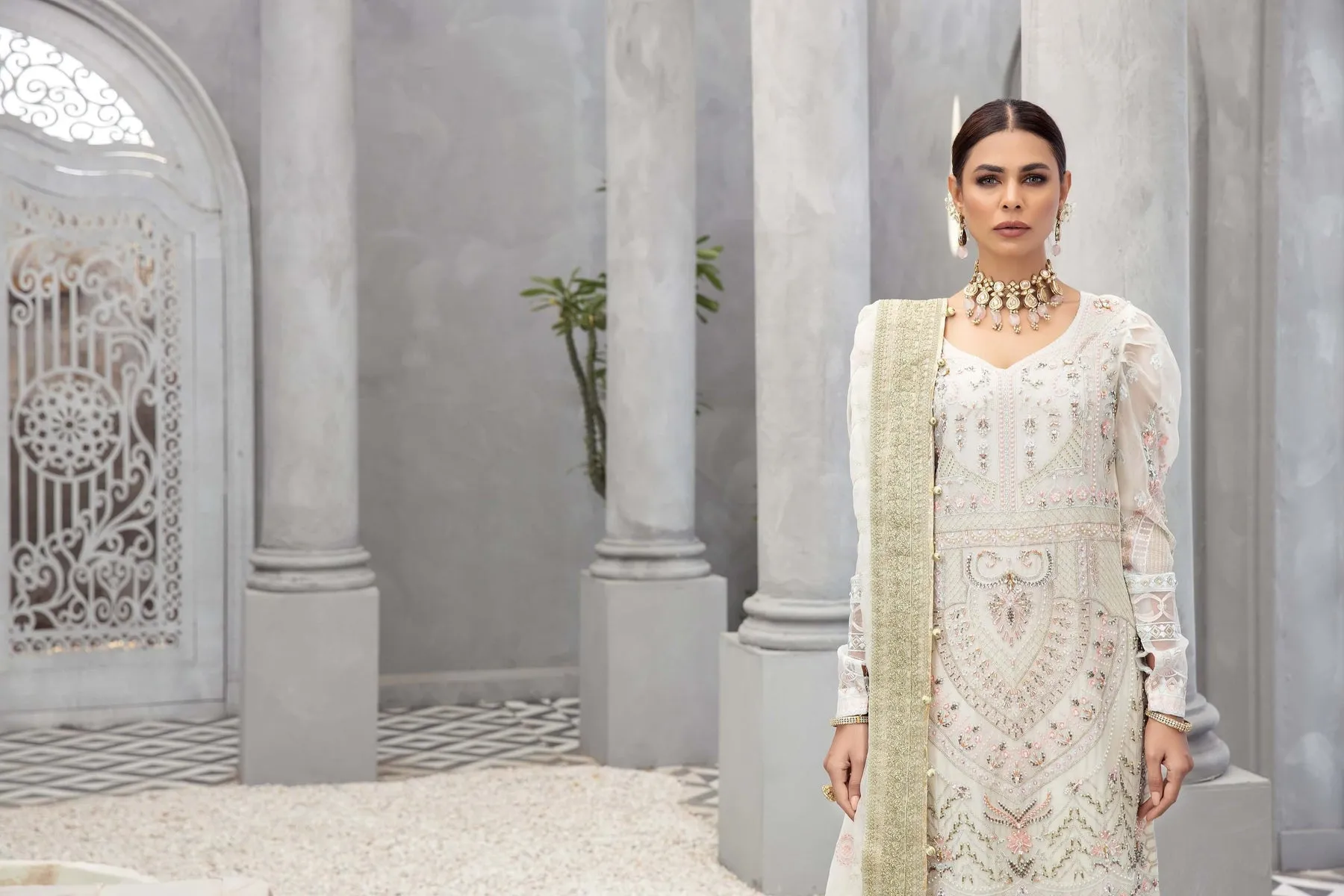 Pakistani White Dress in Wedding Sharara Kameez Style