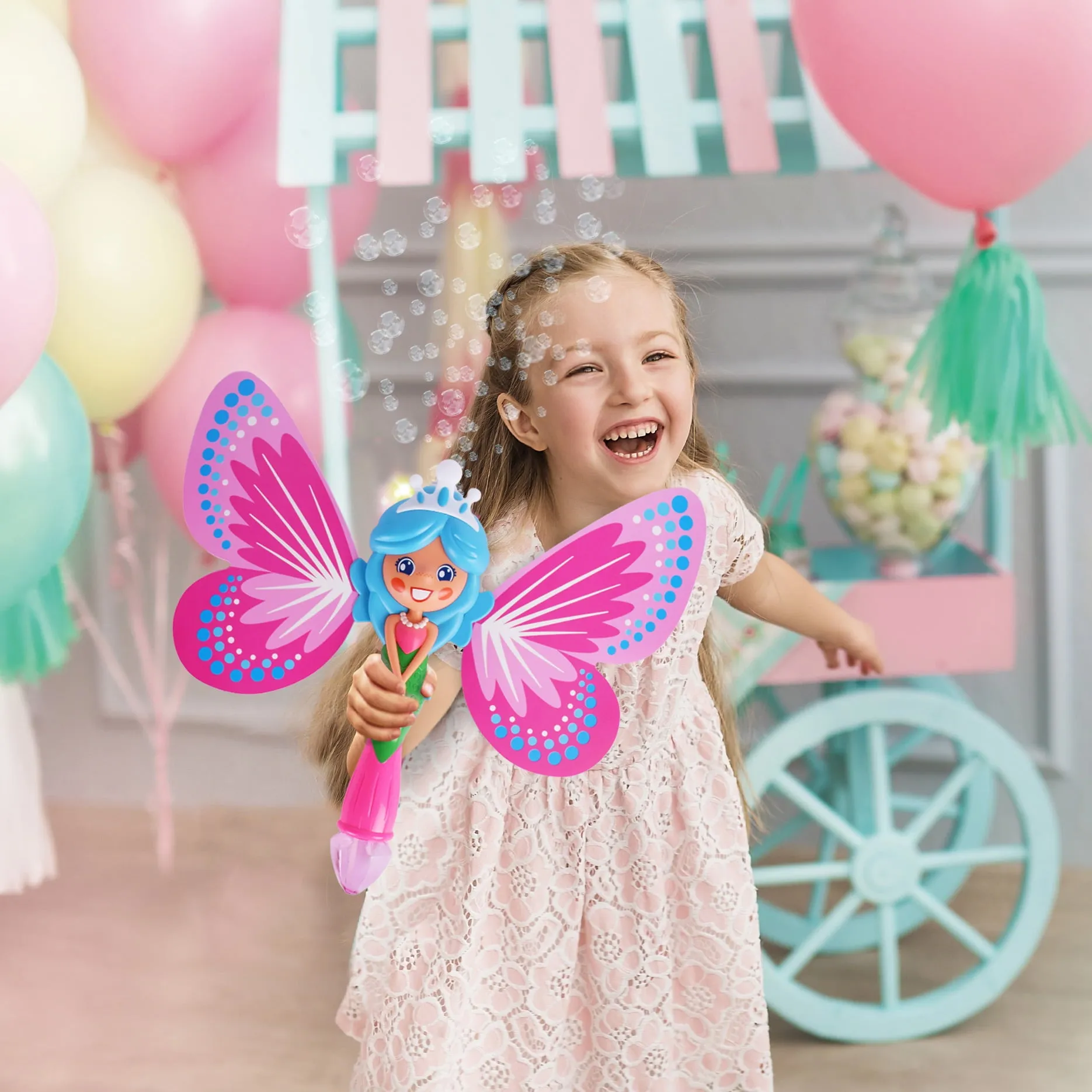 Play Day Butterfly Bubble Blowing Wand with Lights and Sounds, Includes Bubble