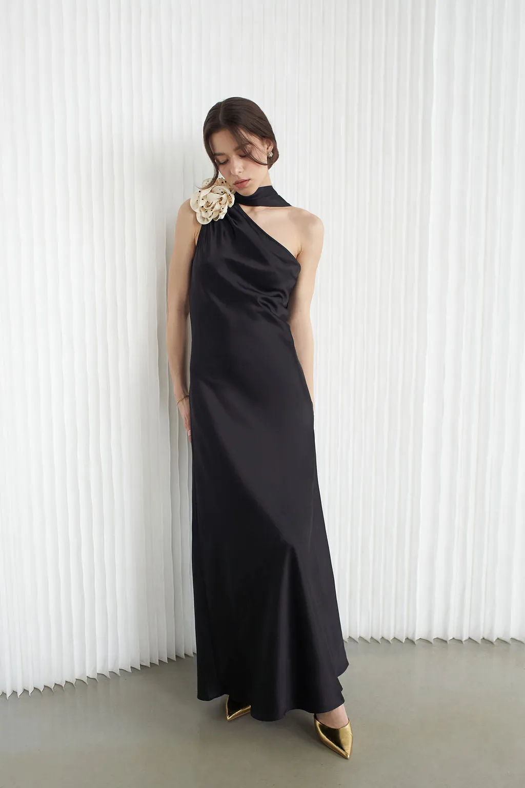 Portia Asymmetric Maxi Dress Noir With Crystallized Corsage