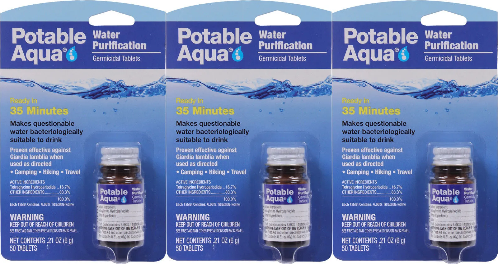 Potable Aqua Water Purification, Water Treatment Tablets - 50 Count Bottle (3 Pack)