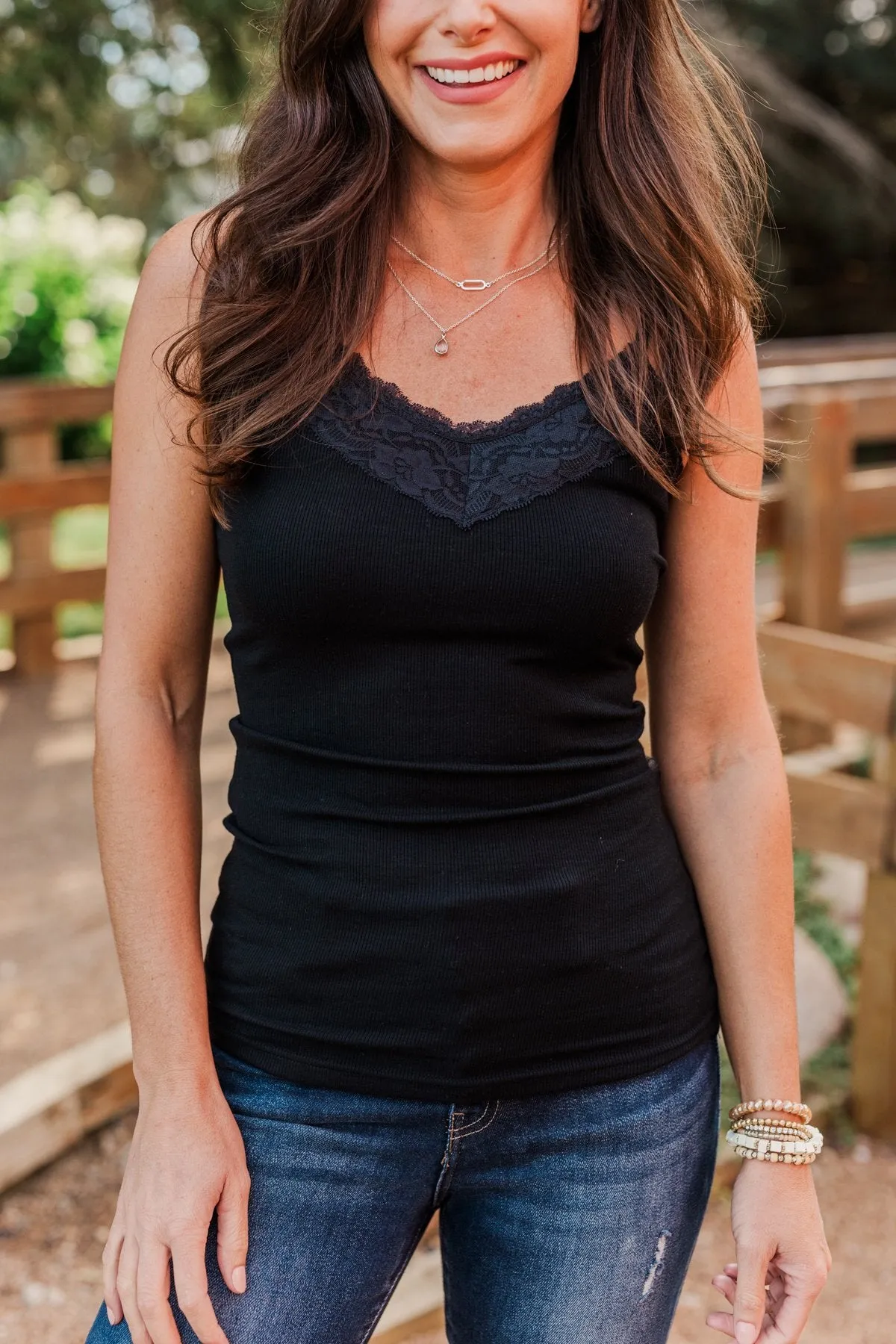 Pulse Basics Lace Trimmed Tank Top- Black