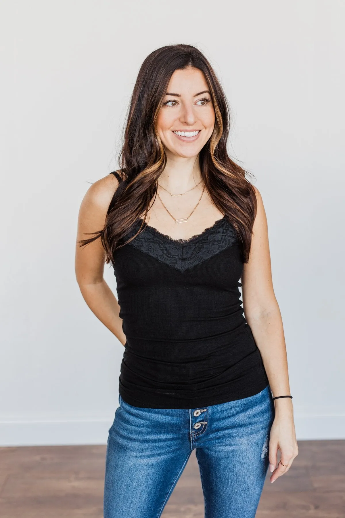Pulse Basics Lace Trimmed Tank Top- Black