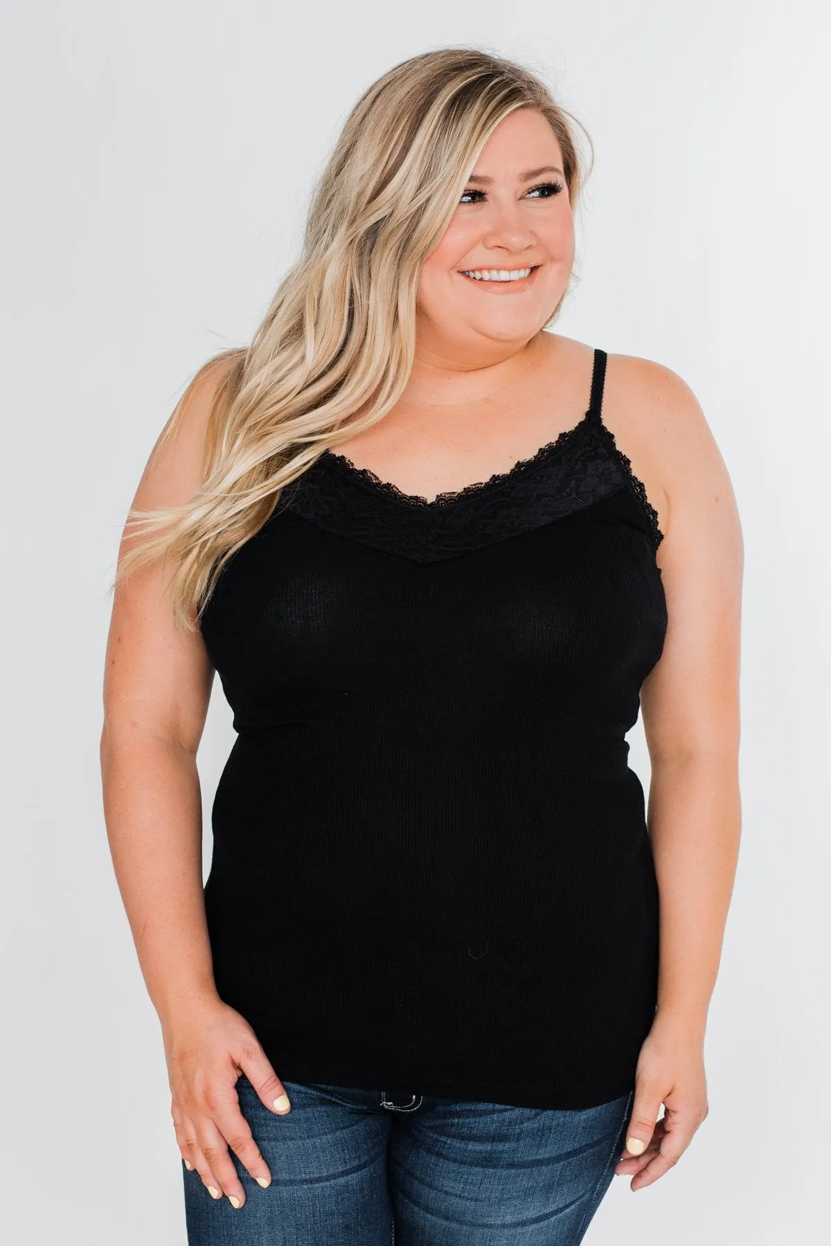 Pulse Basics Lace Trimmed Tank Top- Black