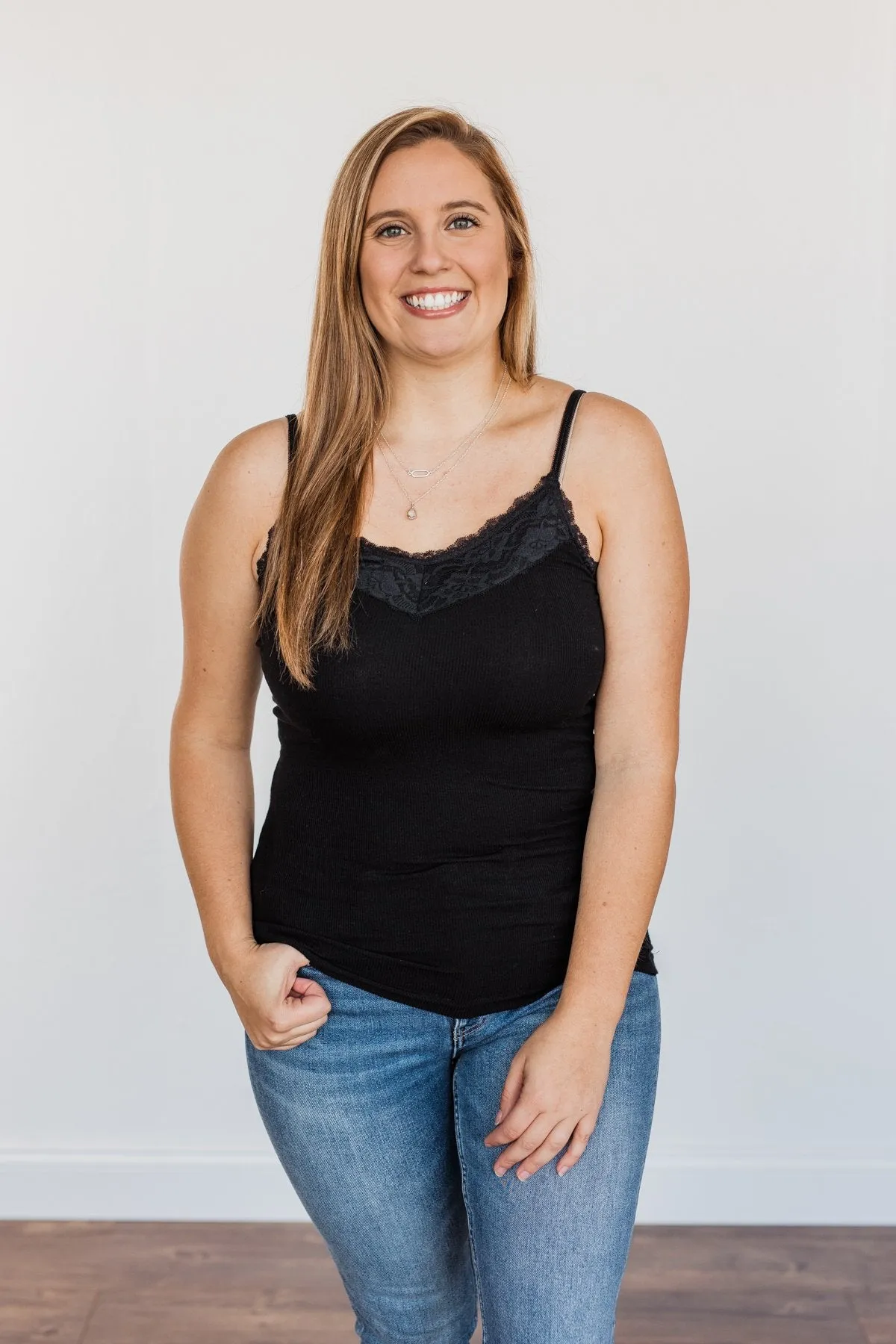Pulse Basics Lace Trimmed Tank Top- Black