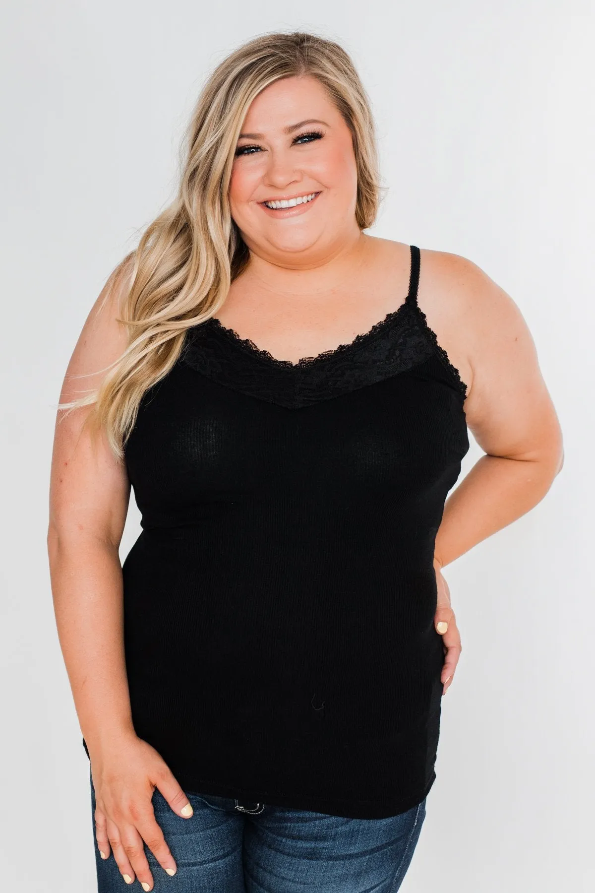 Pulse Basics Lace Trimmed Tank Top- Black
