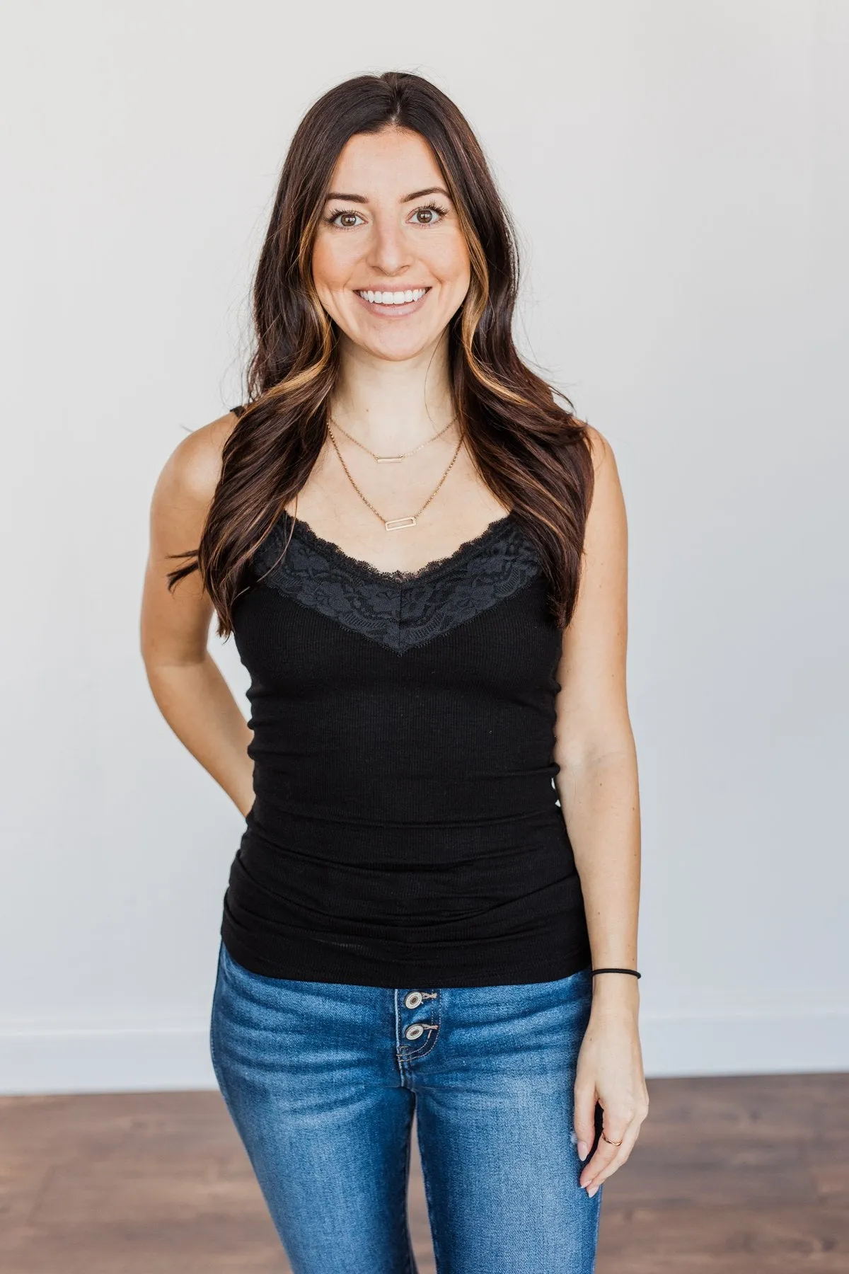 Pulse Basics Lace Trimmed Tank Top- Black