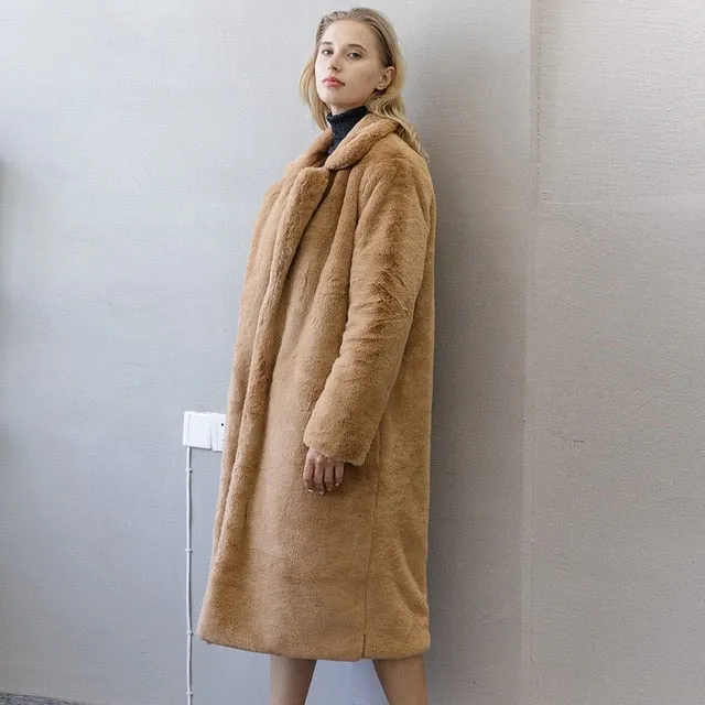Rabbit Fur Winter Coat with Loose Lapel