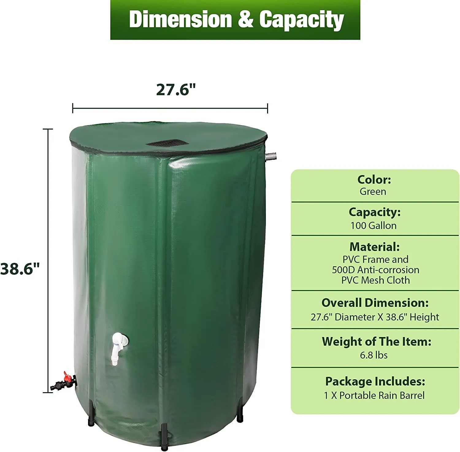 Rain Barrel Water Collector Rainwater Storage Container 100 Gallon, Green