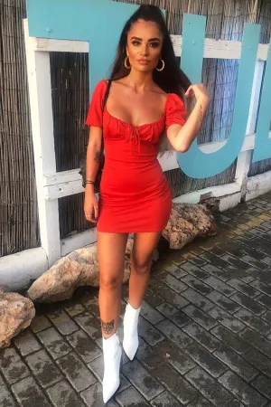 Red Puff Sleeve Lace Up Dress - Darby