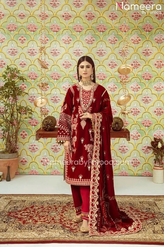 Red Velvet Salwar Kameez Pakistani Wedding Dress #PN33