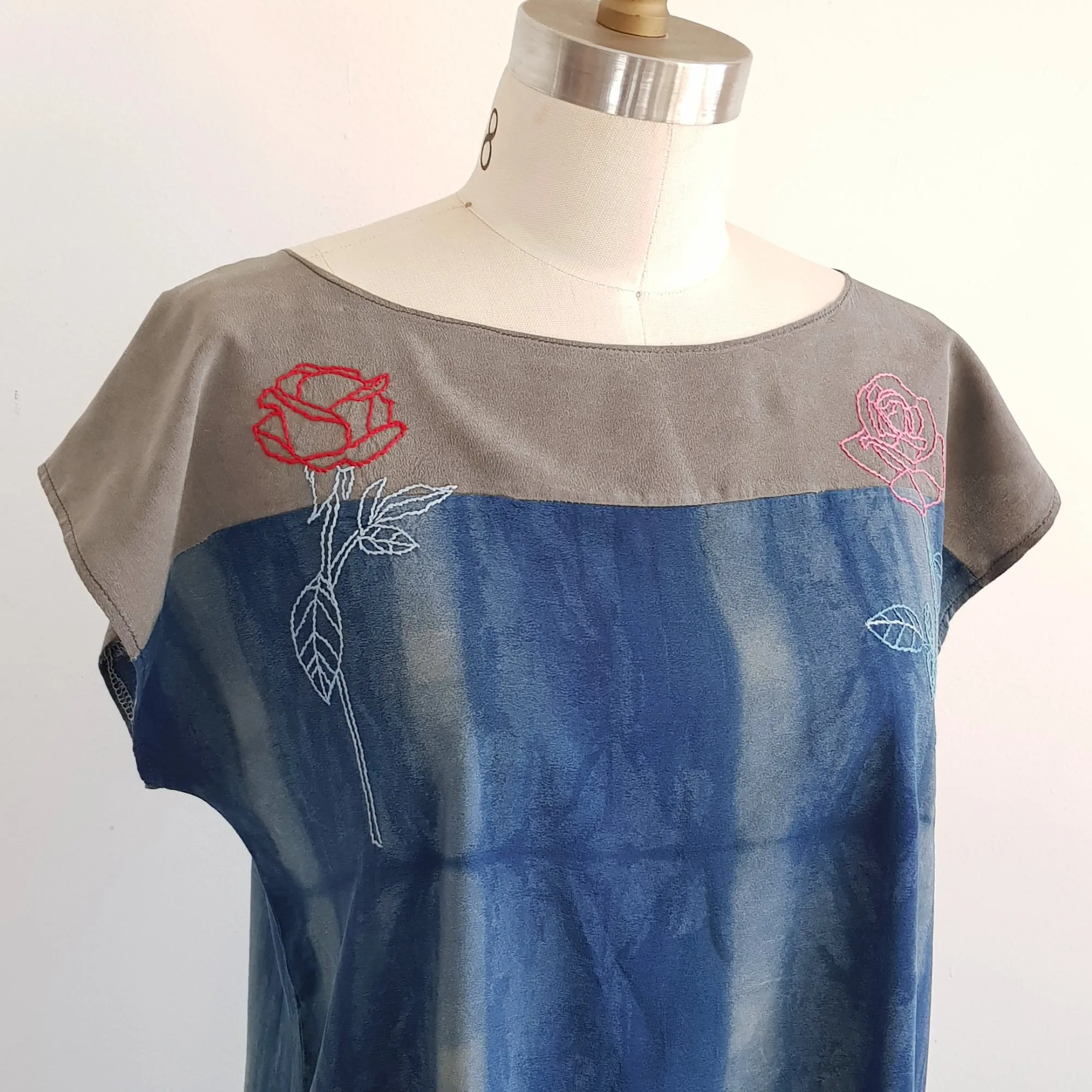 ROSE Embroidered organic dye Dress Indigo & Soot ink Small/medium