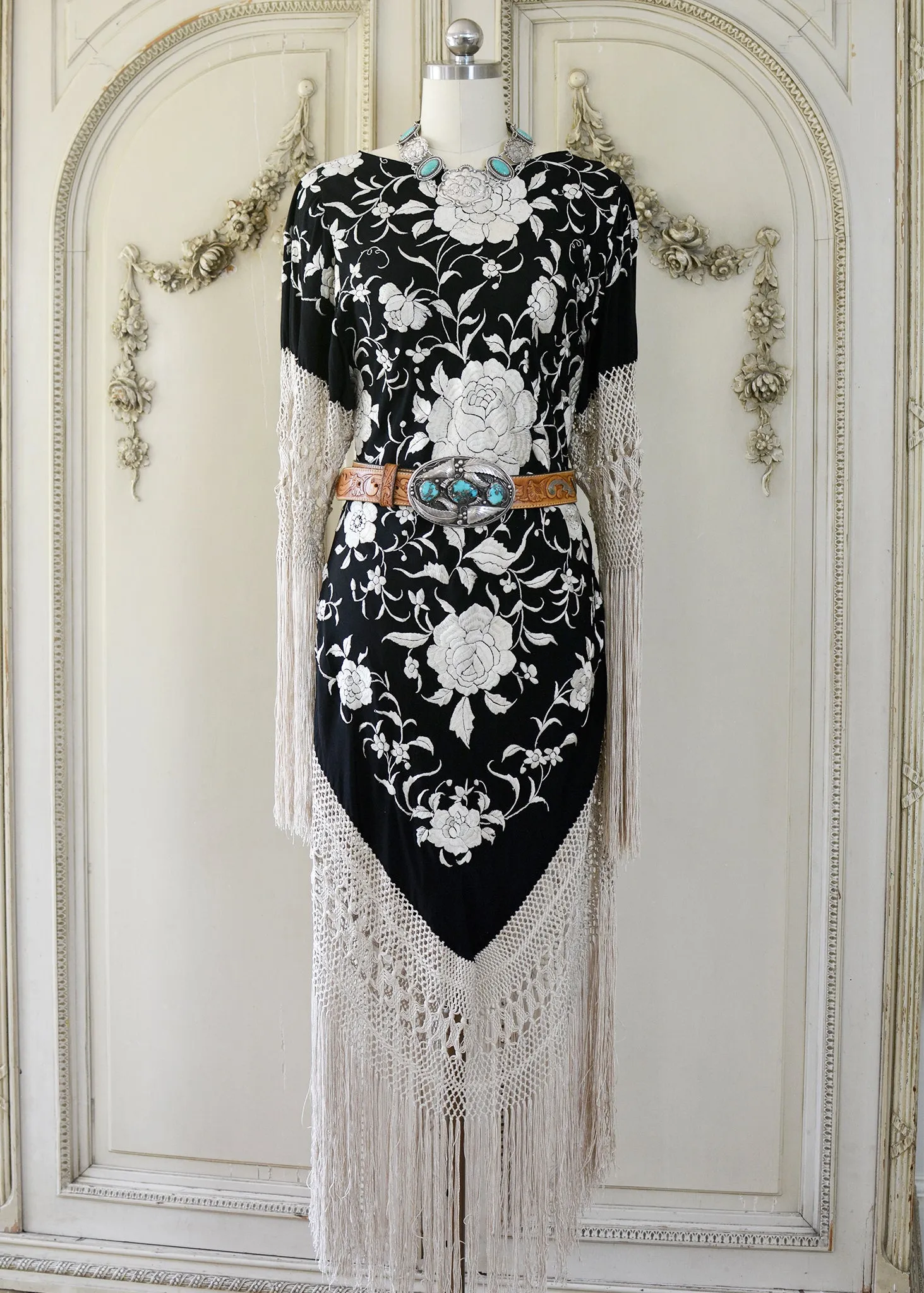 Sabine Antique Hand Embroidered Black & Creme Silk Crepe Brunch Dress