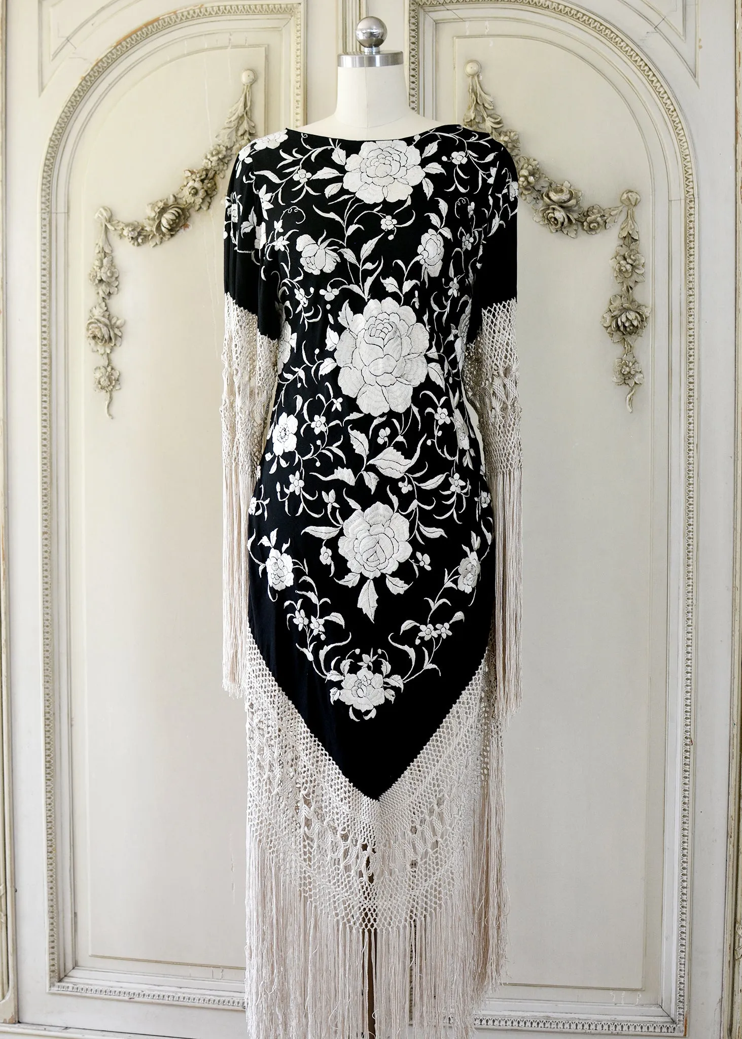 Sabine Antique Hand Embroidered Black & Creme Silk Crepe Brunch Dress