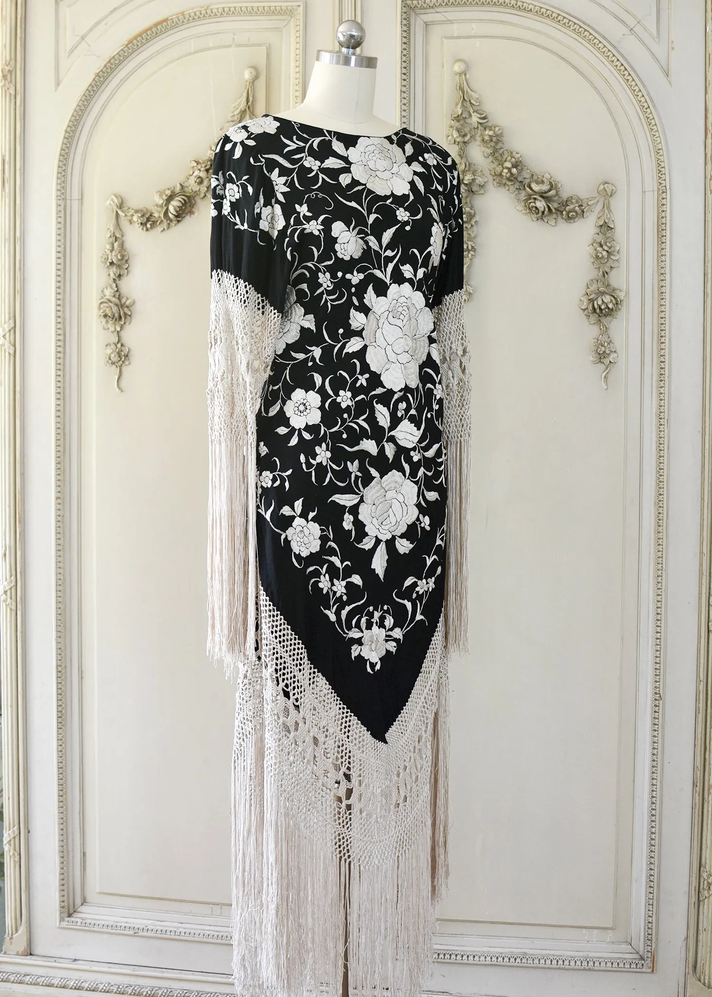 Sabine Antique Hand Embroidered Black & Creme Silk Crepe Brunch Dress
