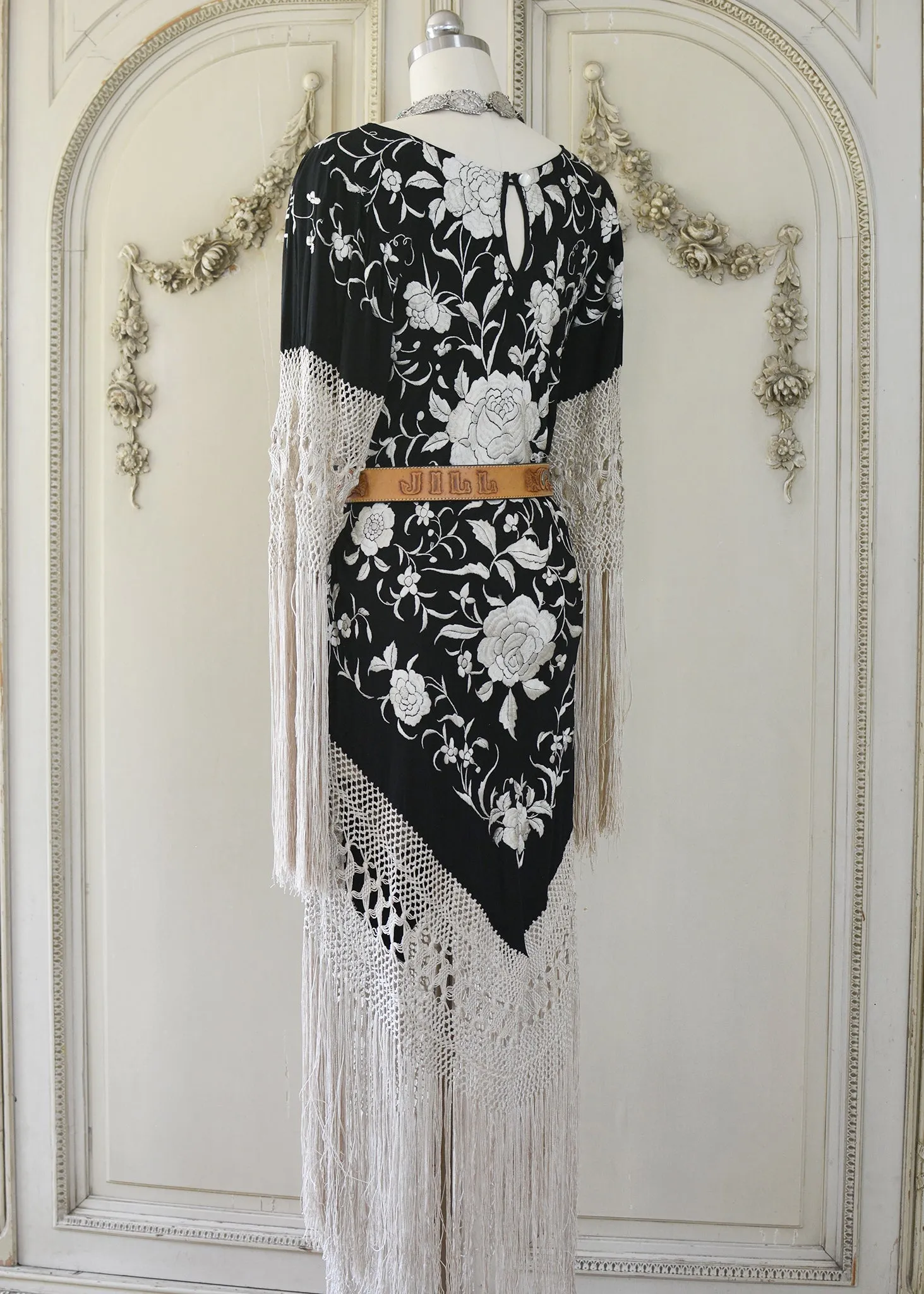 Sabine Antique Hand Embroidered Black & Creme Silk Crepe Brunch Dress