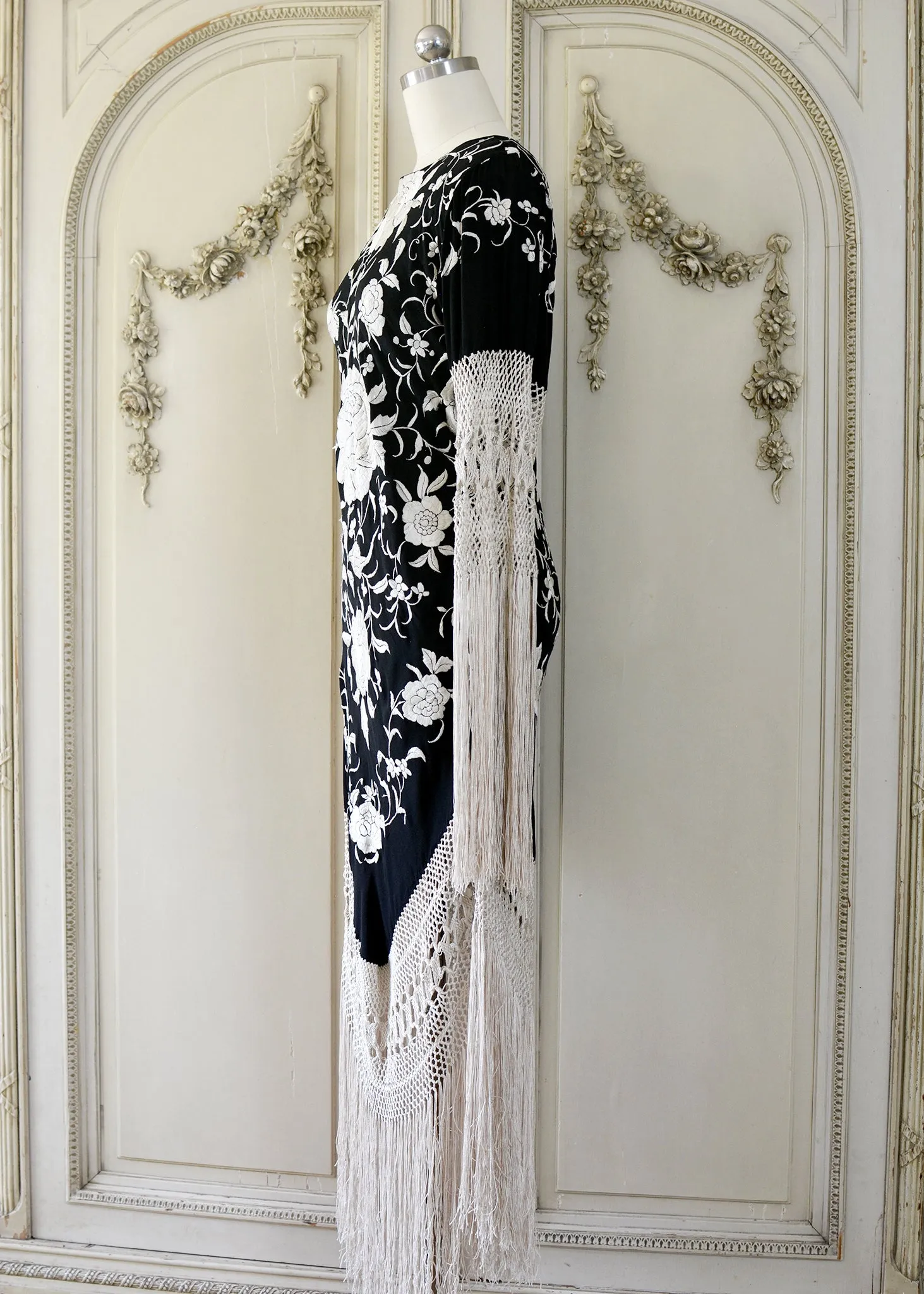 Sabine Antique Hand Embroidered Black & Creme Silk Crepe Brunch Dress