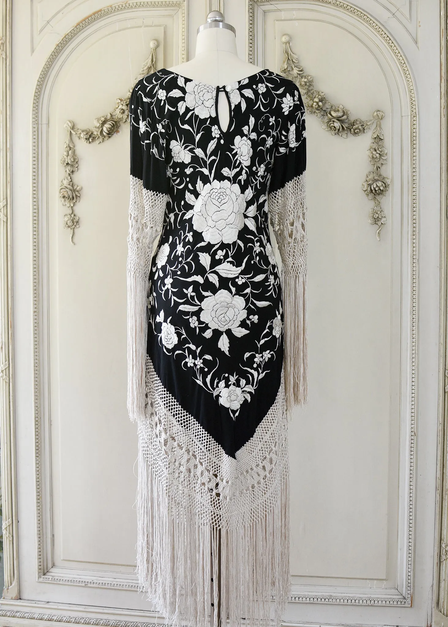 Sabine Antique Hand Embroidered Black & Creme Silk Crepe Brunch Dress