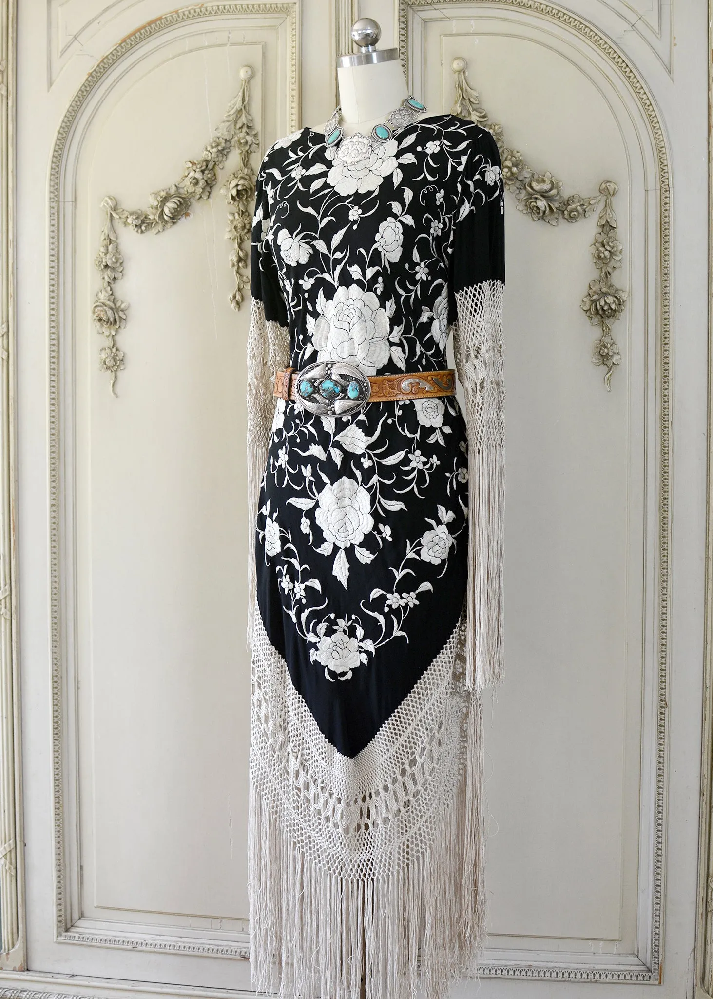 Sabine Antique Hand Embroidered Black & Creme Silk Crepe Brunch Dress