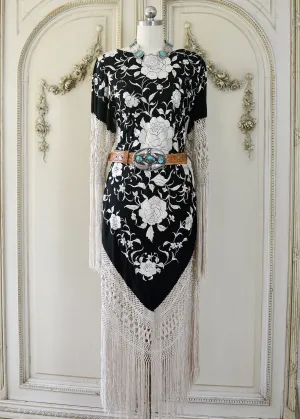 Sabine Antique Hand Embroidered Black & Creme Silk Crepe Brunch Dress