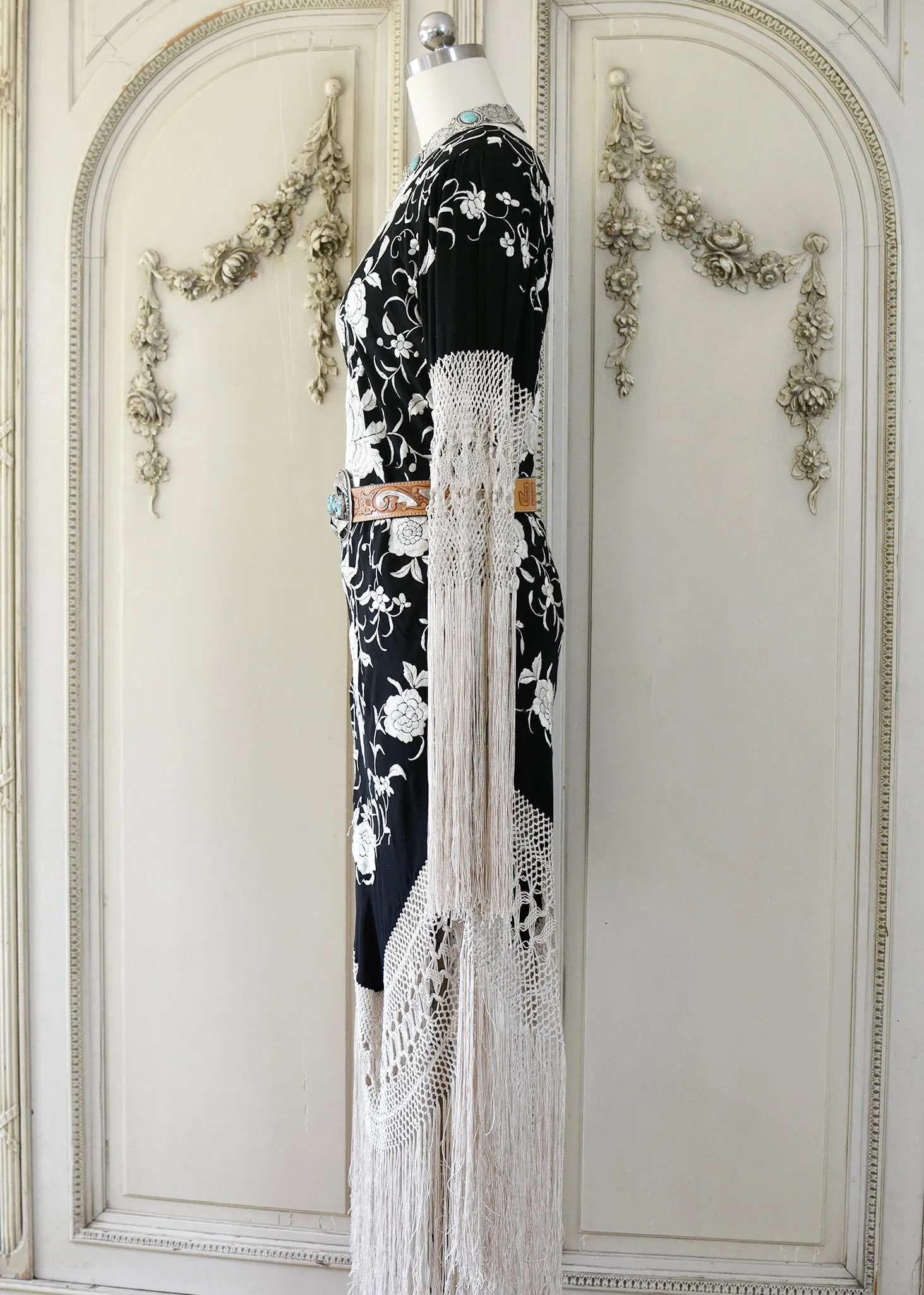Sabine Antique Hand Embroidered Black & Creme Silk Crepe Brunch Dress