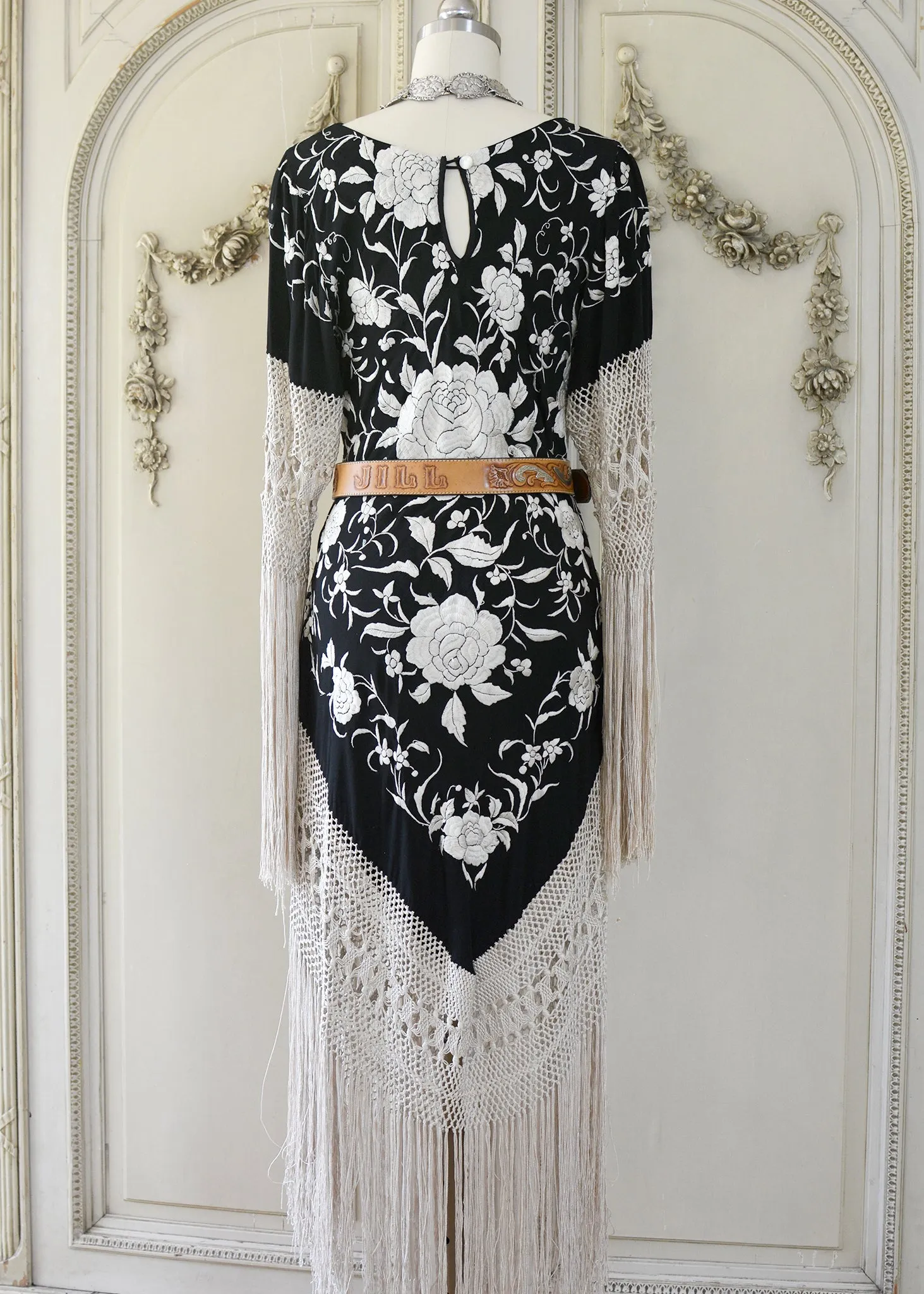 Sabine Antique Hand Embroidered Black & Creme Silk Crepe Brunch Dress