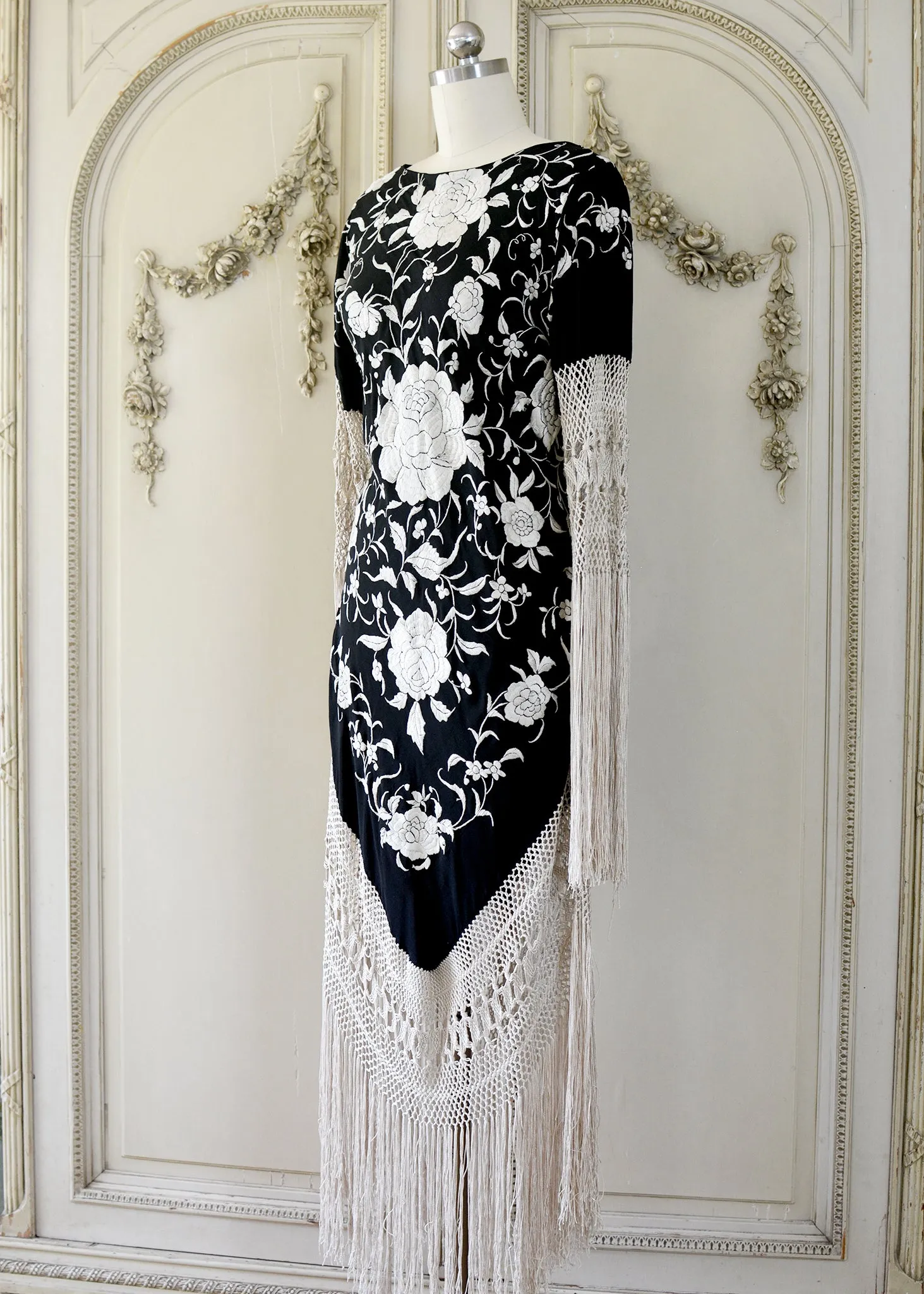 Sabine Antique Hand Embroidered Black & Creme Silk Crepe Brunch Dress