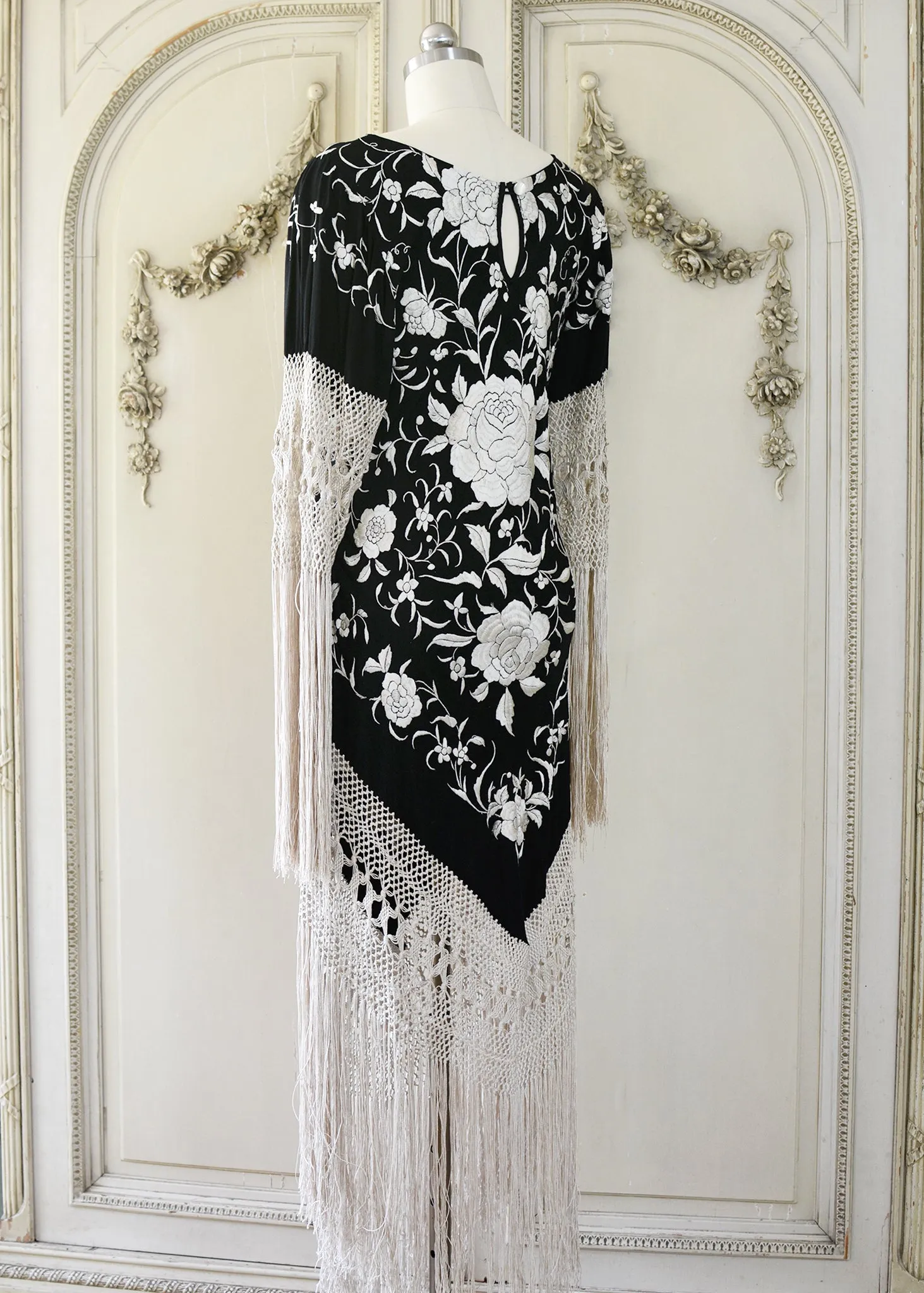 Sabine Antique Hand Embroidered Black & Creme Silk Crepe Brunch Dress