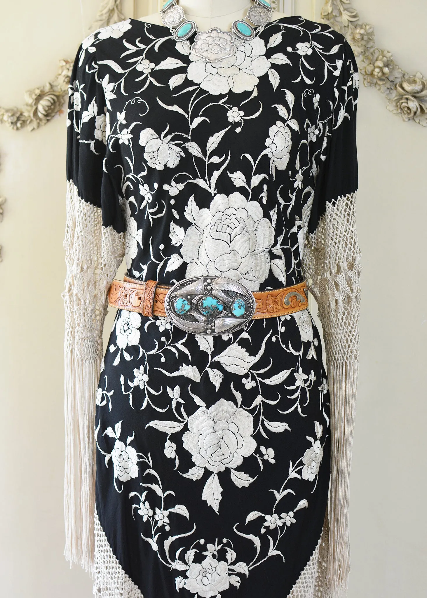 Sabine Antique Hand Embroidered Black & Creme Silk Crepe Brunch Dress