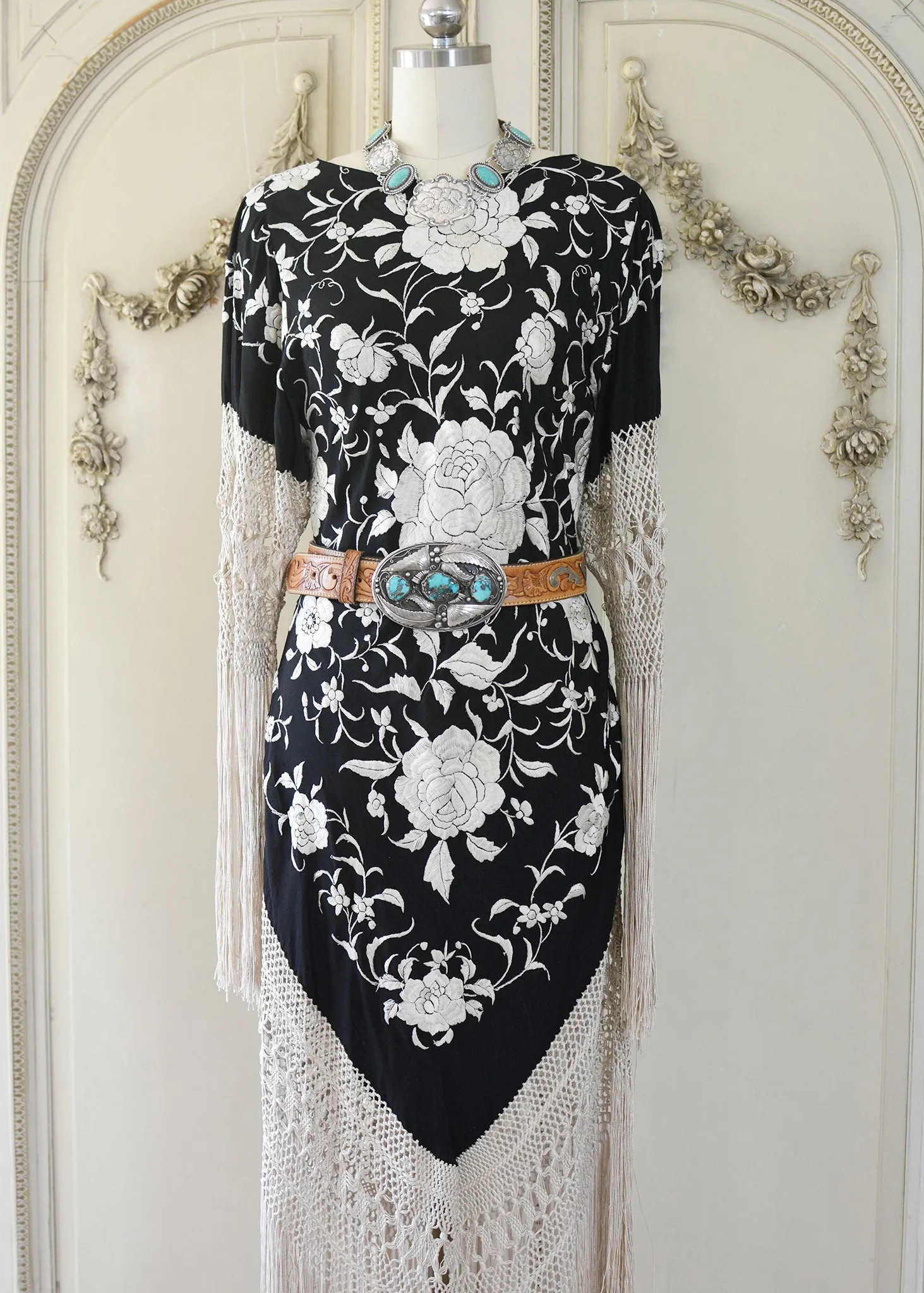 Sabine Antique Hand Embroidered Black & Creme Silk Crepe Brunch Dress