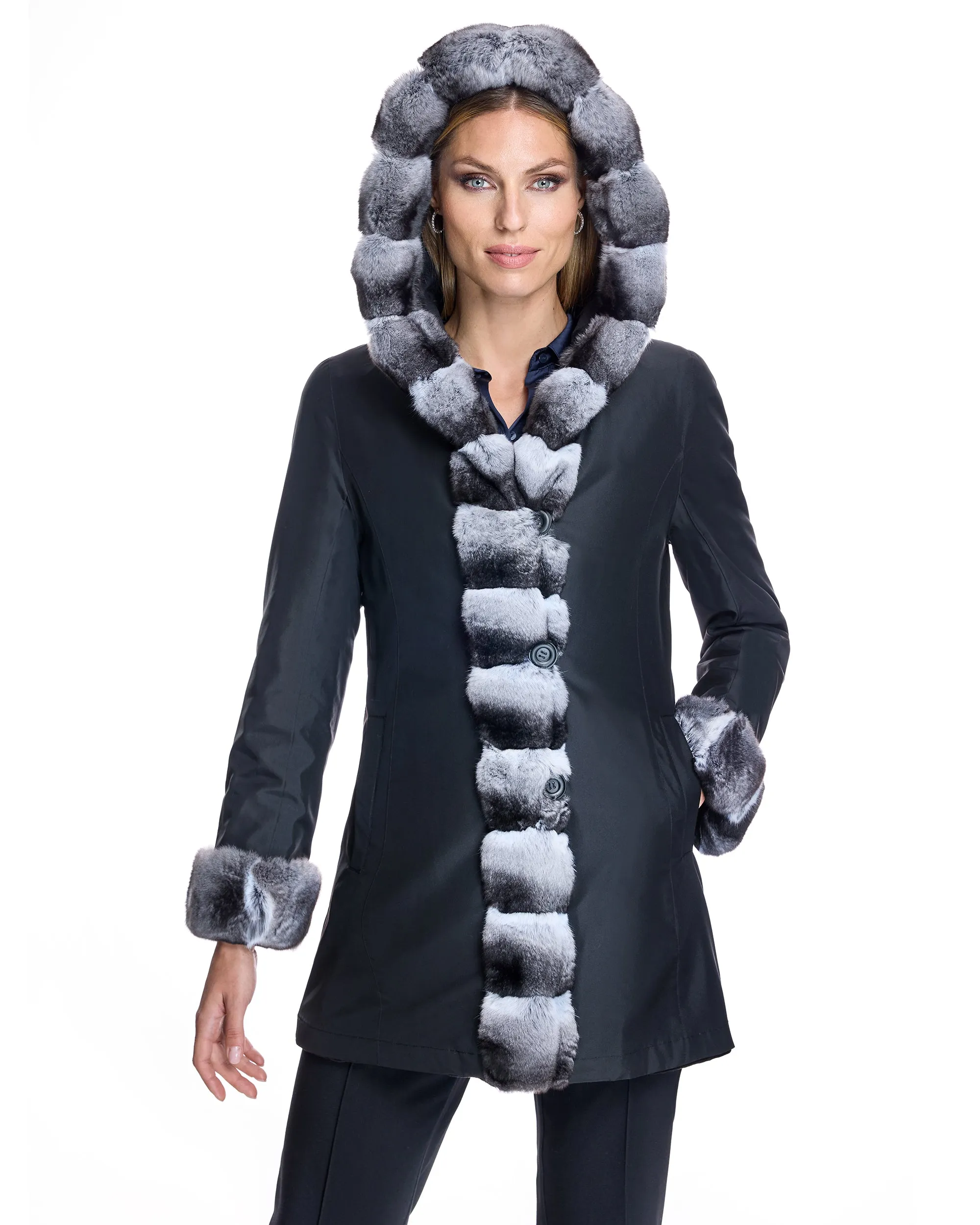 Sheared Mink Reversible Hooded Coat with Chinchilla Trim