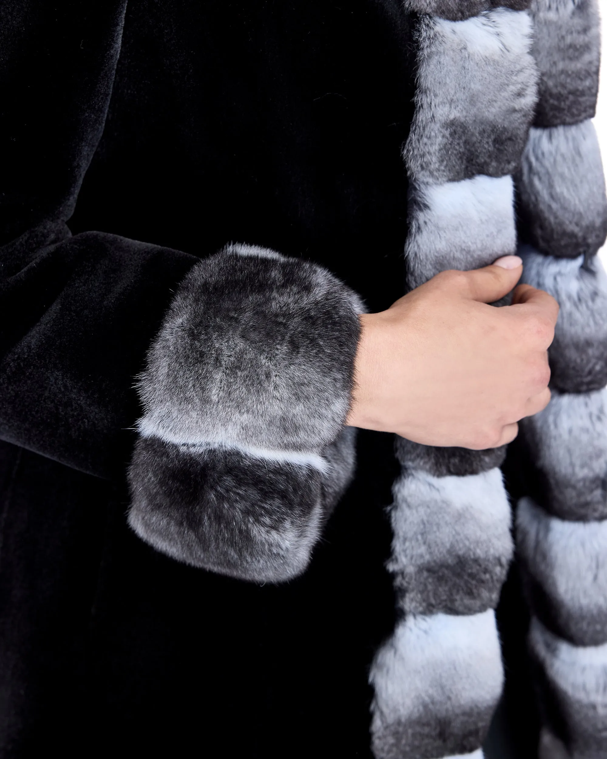 Sheared Mink Reversible Hooded Coat with Chinchilla Trim