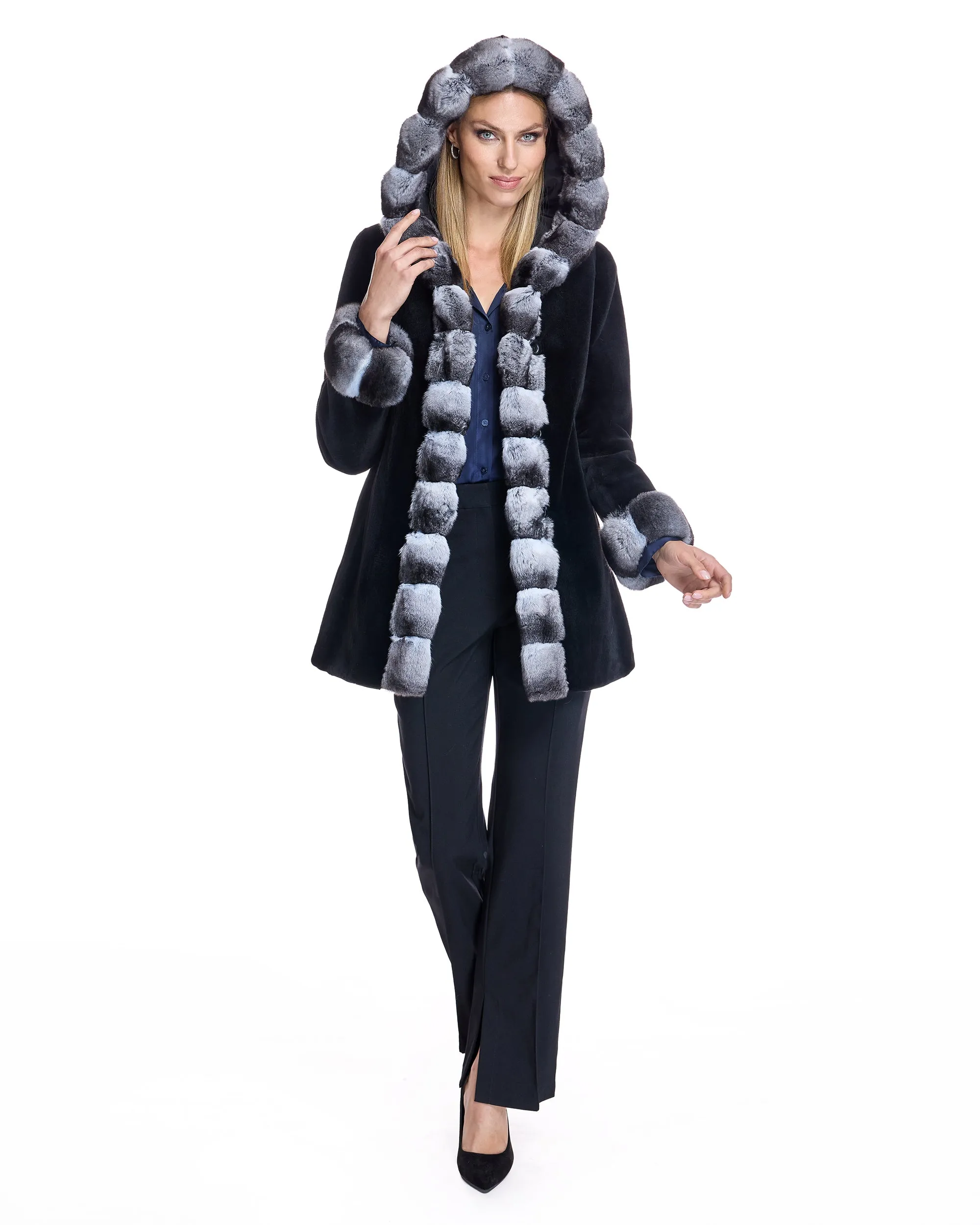 Sheared Mink Reversible Hooded Coat with Chinchilla Trim