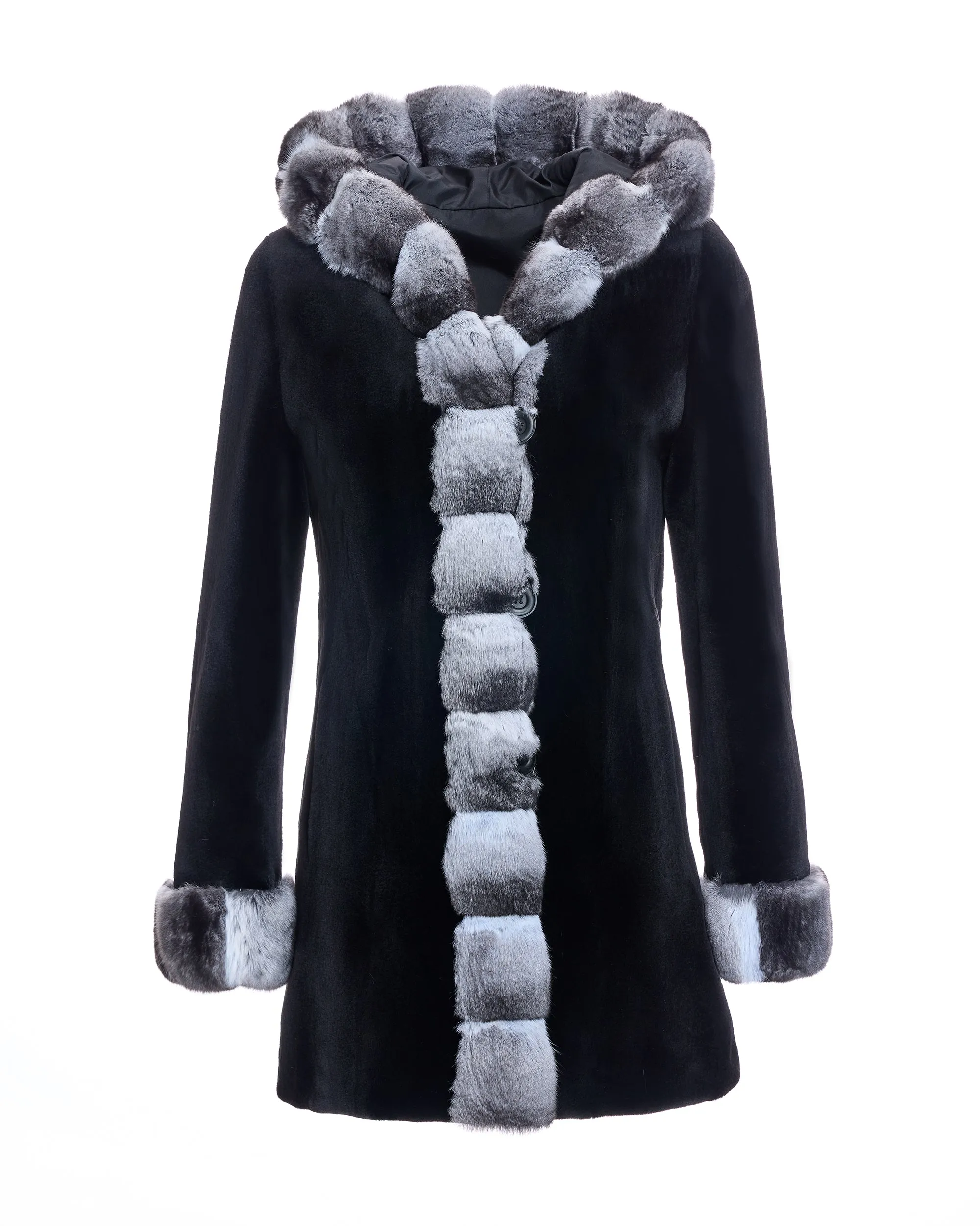 Sheared Mink Reversible Hooded Coat with Chinchilla Trim