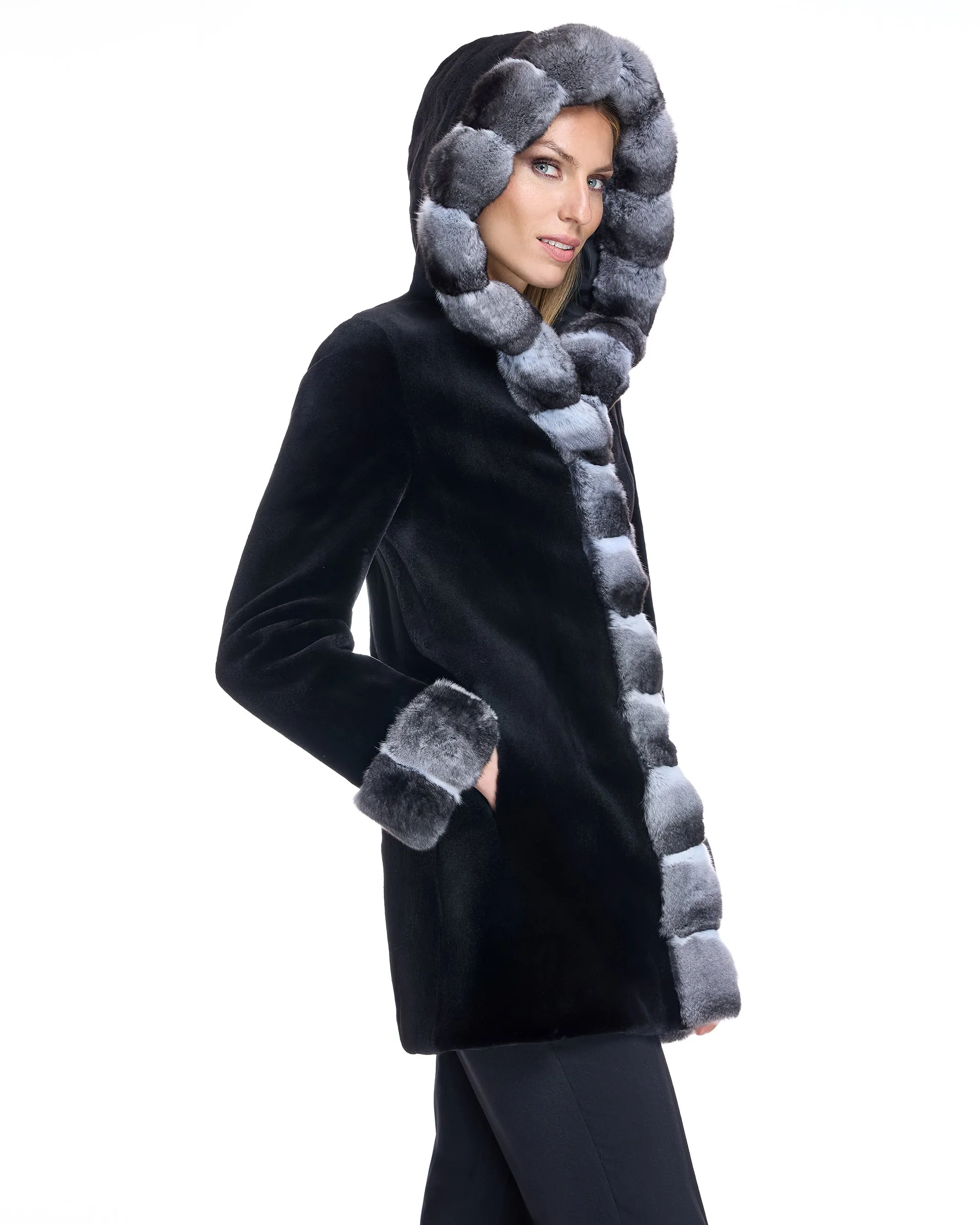 Sheared Mink Reversible Hooded Coat with Chinchilla Trim