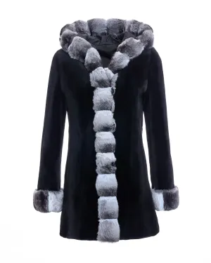 Sheared Mink Reversible Hooded Coat with Chinchilla Trim