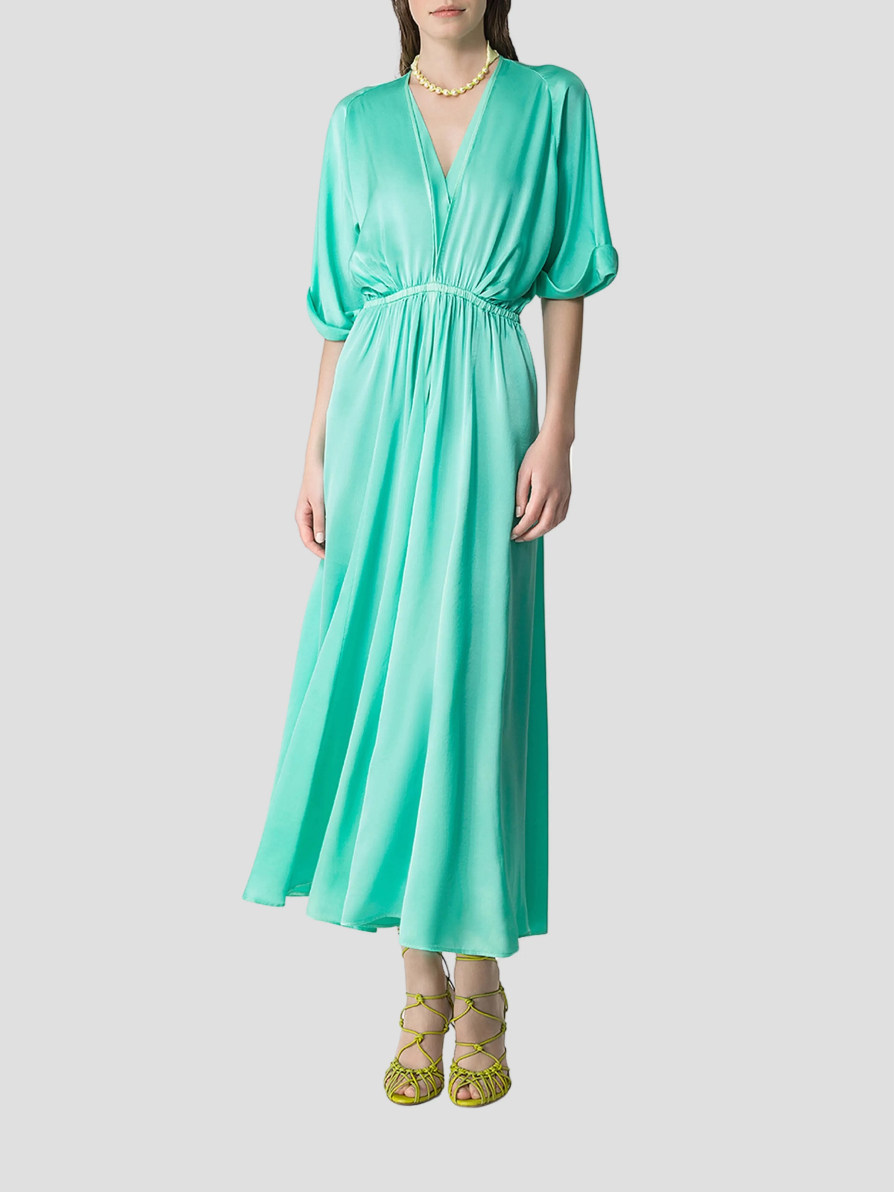 Silk Satin Half Sleeve Dress in Turquoise