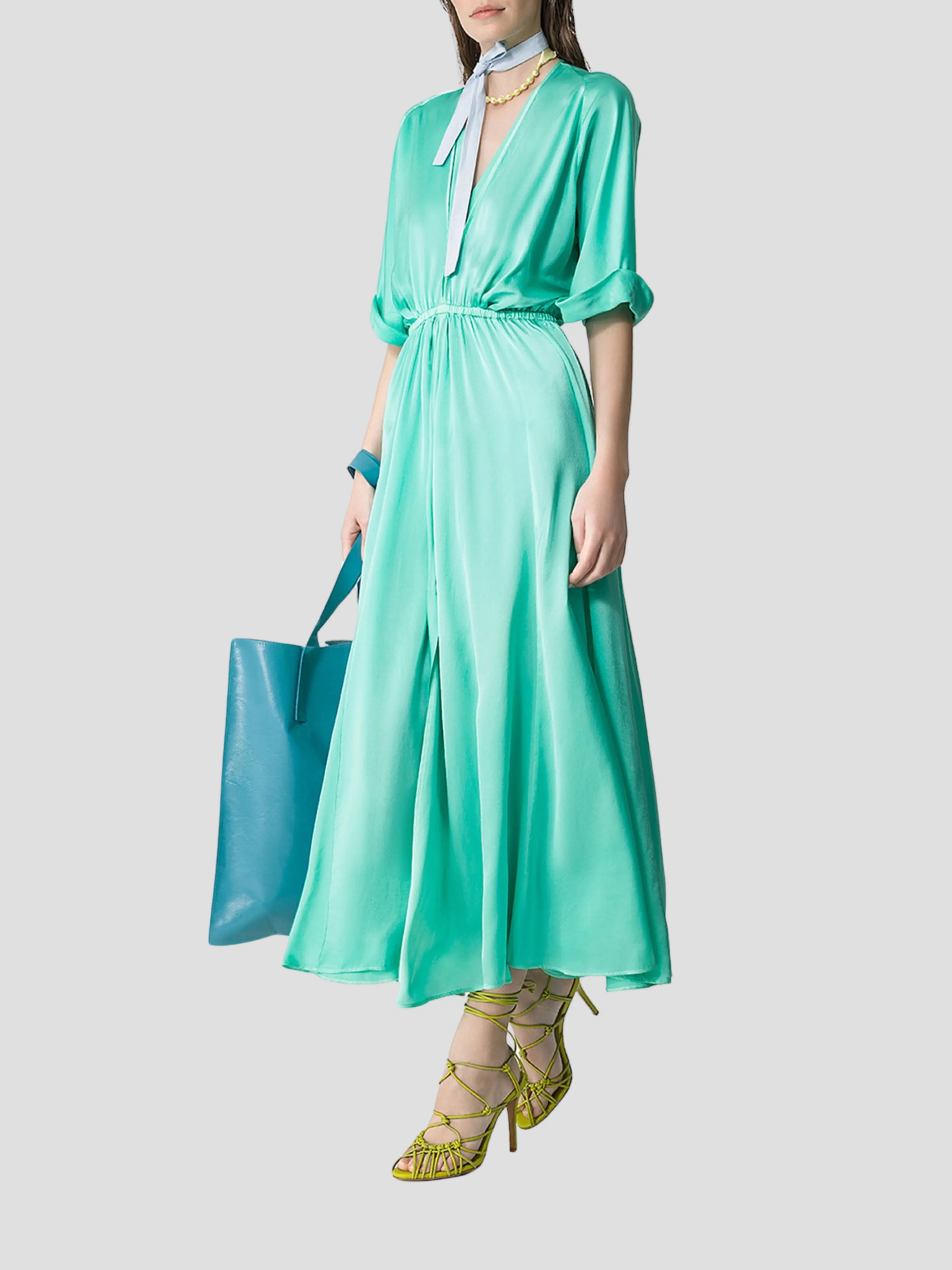 Silk Satin Half Sleeve Dress in Turquoise
