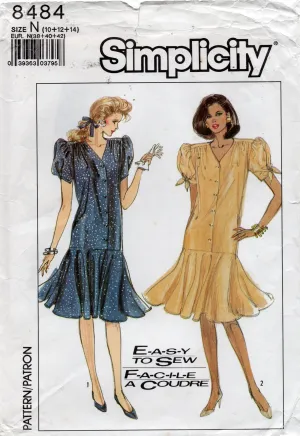 Simplicity 4848 Womens EASY Puff Sleeved Drop Waisted Dress 1980s Vintage Sewing Pattern Size 10 - 14