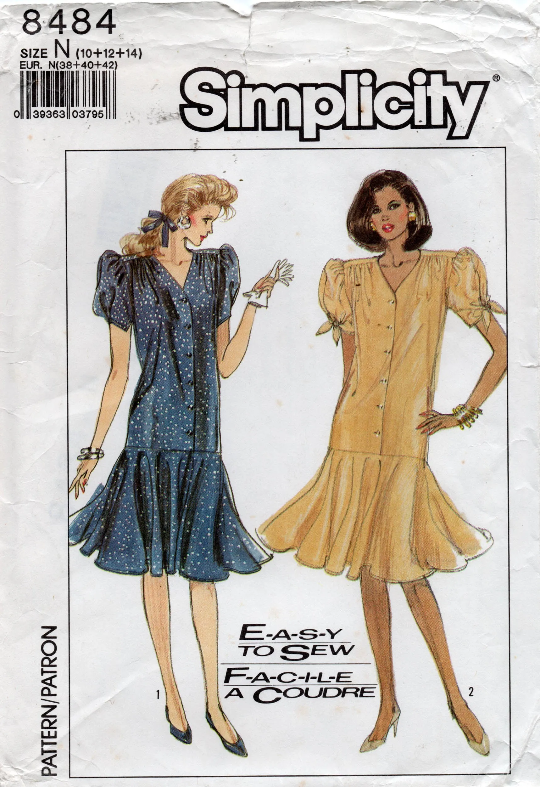Simplicity 4848 Womens EASY Puff Sleeved Drop Waisted Dress 1980s Vintage Sewing Pattern Size 10 - 14